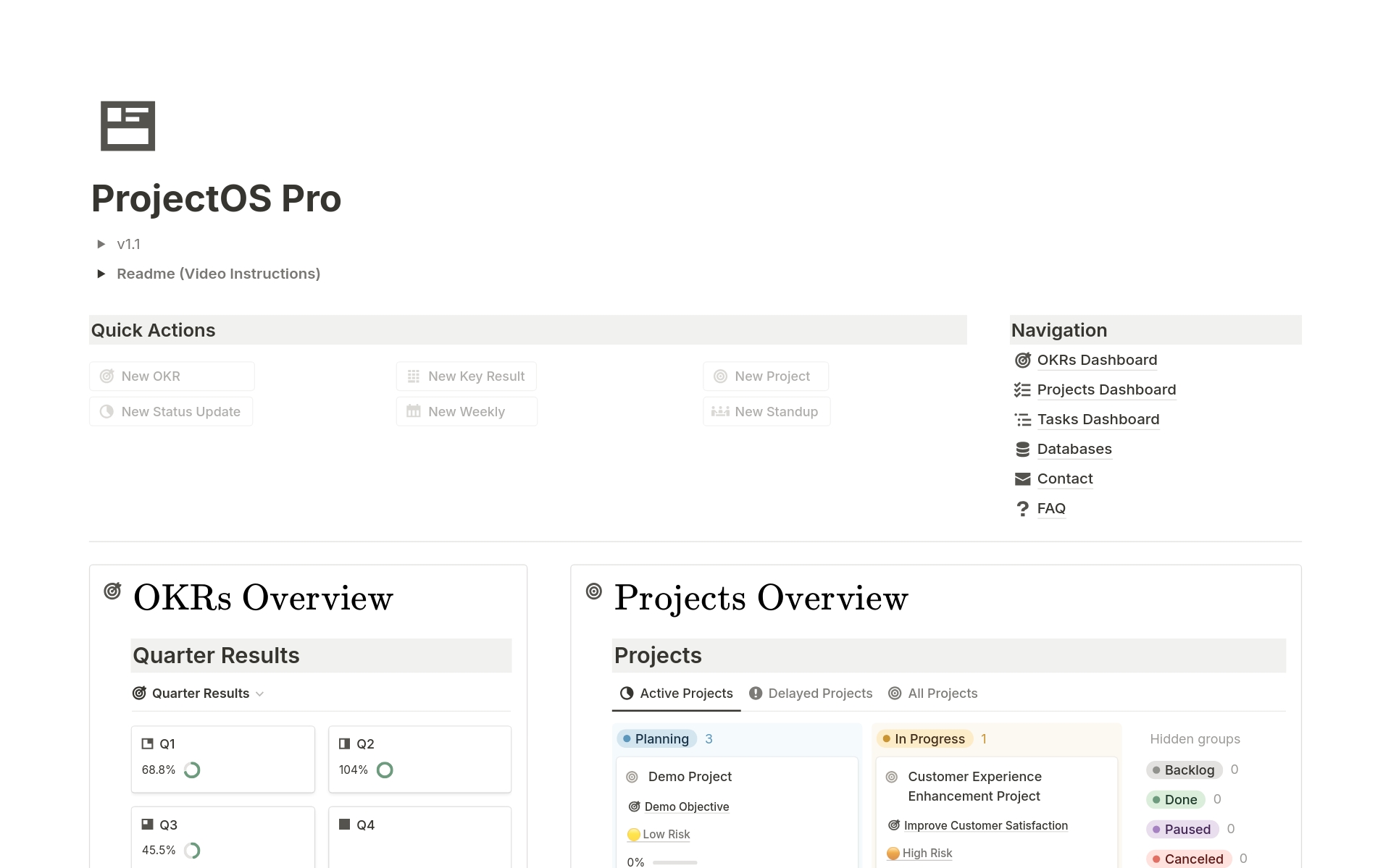 Aperçu du modèle de ProjectOS Pro - Project Management & OKR