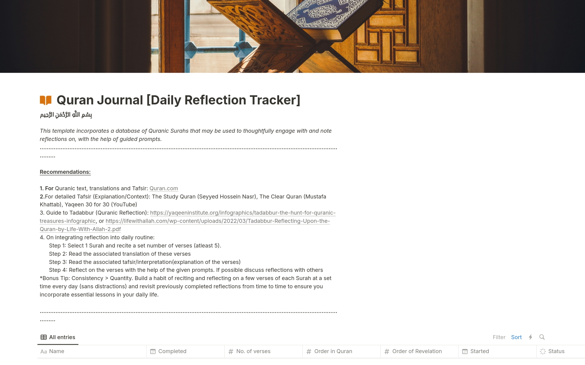 A template preview for Quran Journal [Daily Reflection Tracker]