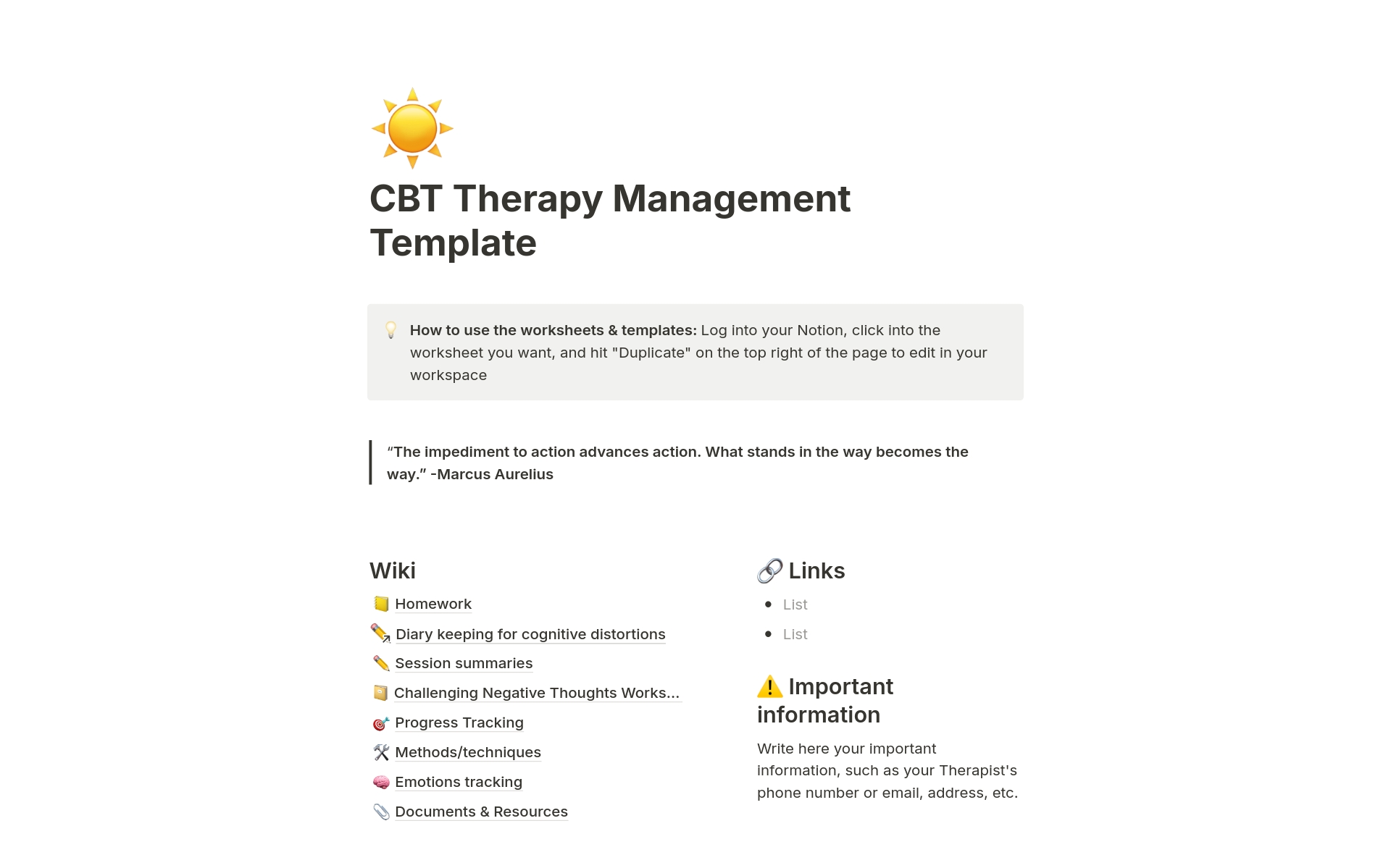 A template preview for CBT Therapy Management