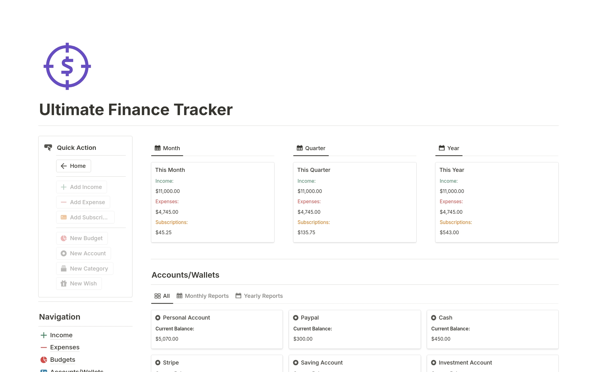 Ultimate Finance Trackerのテンプレートのプレビュー