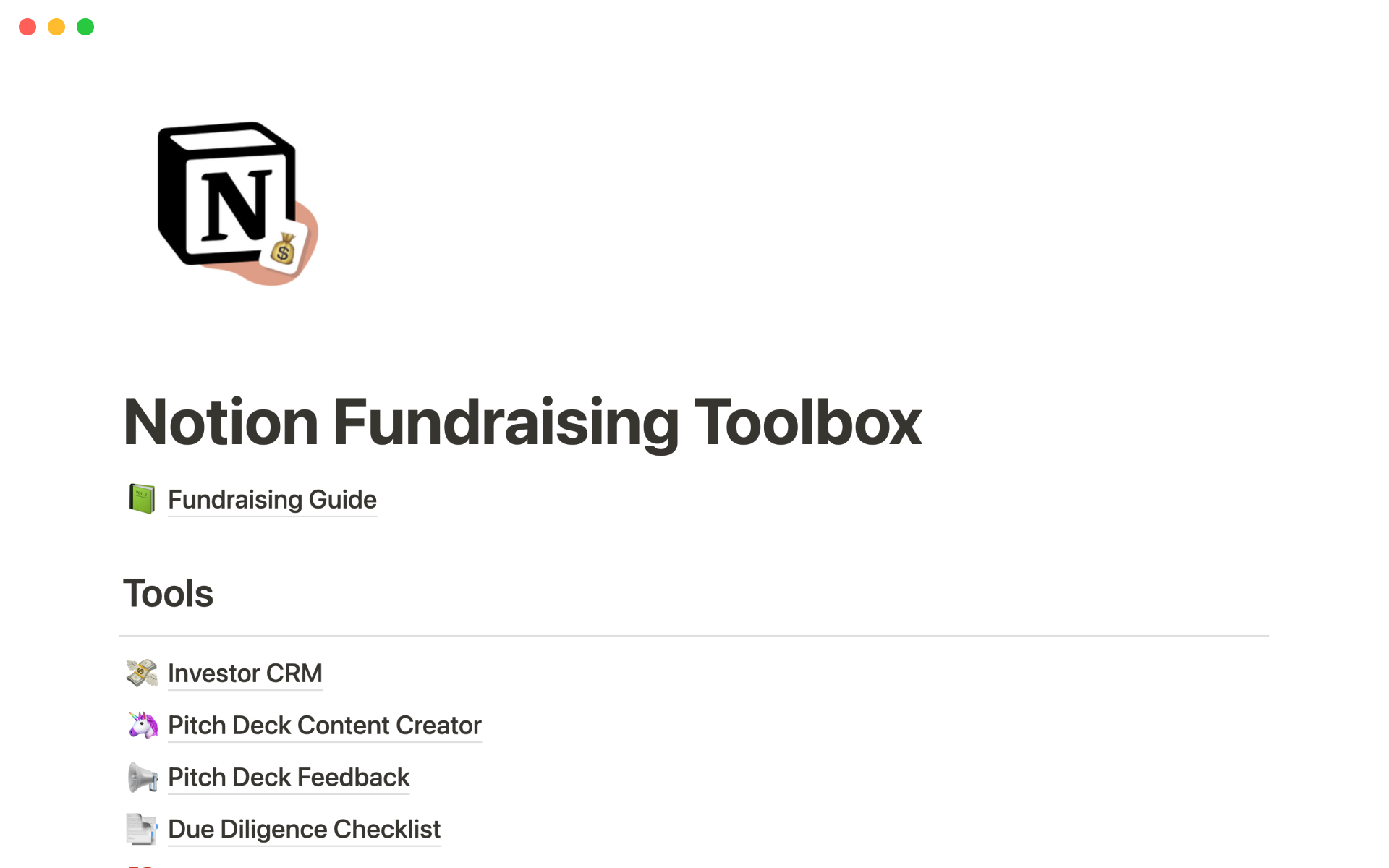 A template preview for Startup fundraising toolbox