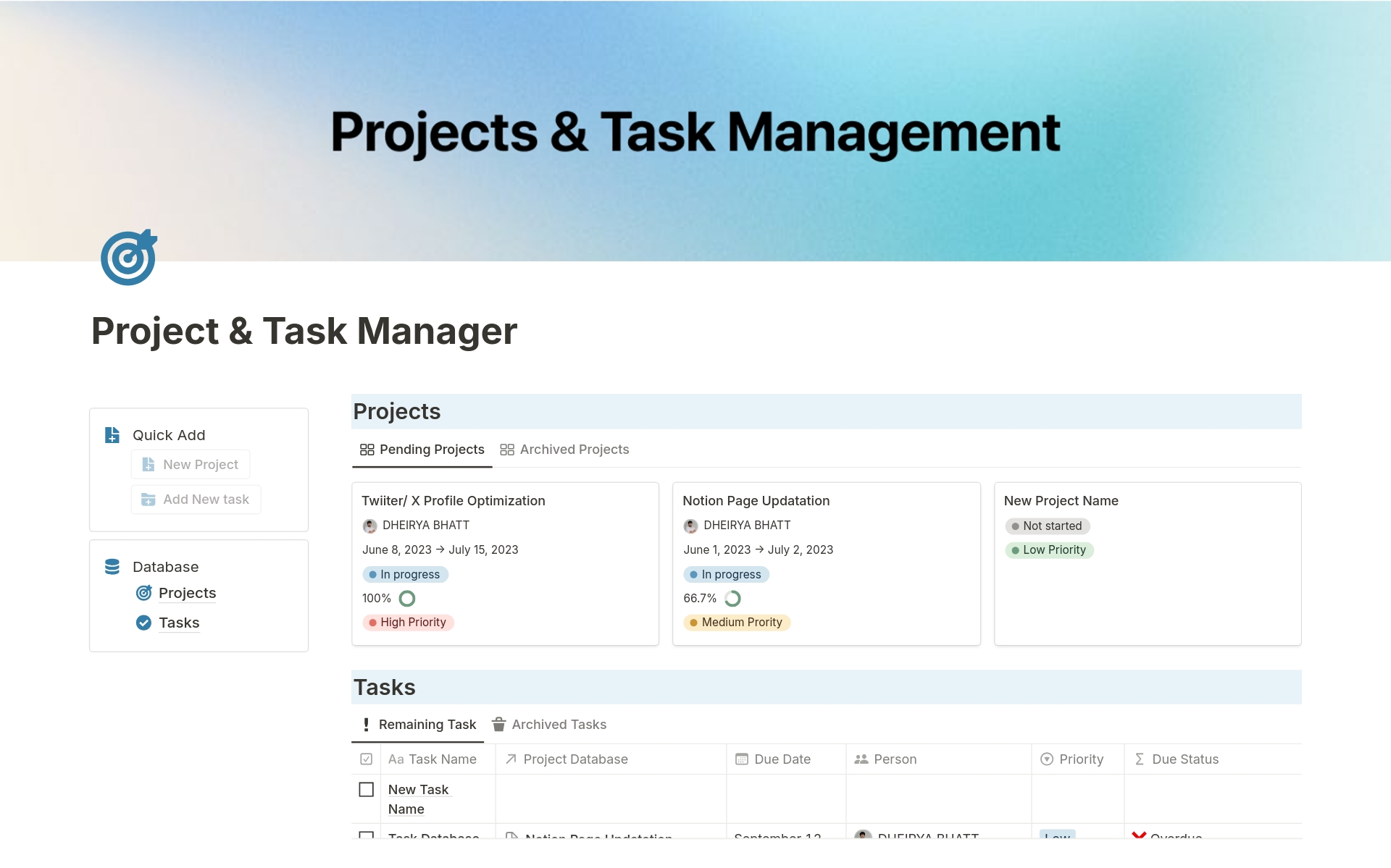 A template preview for Project & Task Management