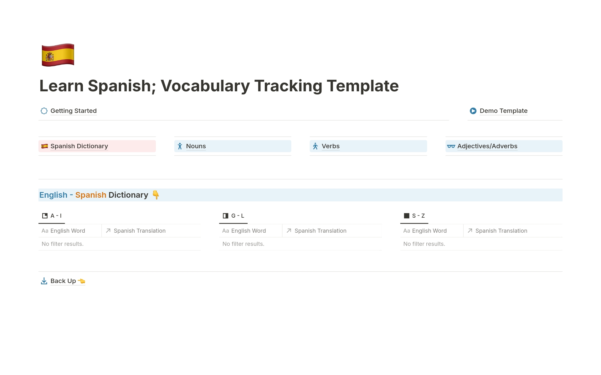 This template allows you to create an English to Spanish dictionary as you document your learning progress.