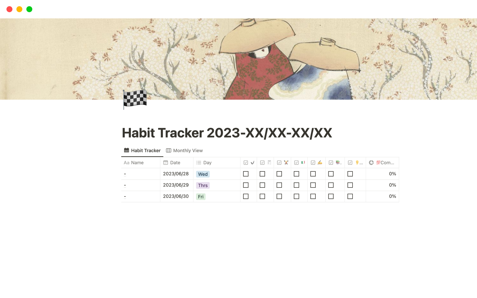 Aperçu du modèle de Habit Tracker : 20XX-XX/XX-XX/XX