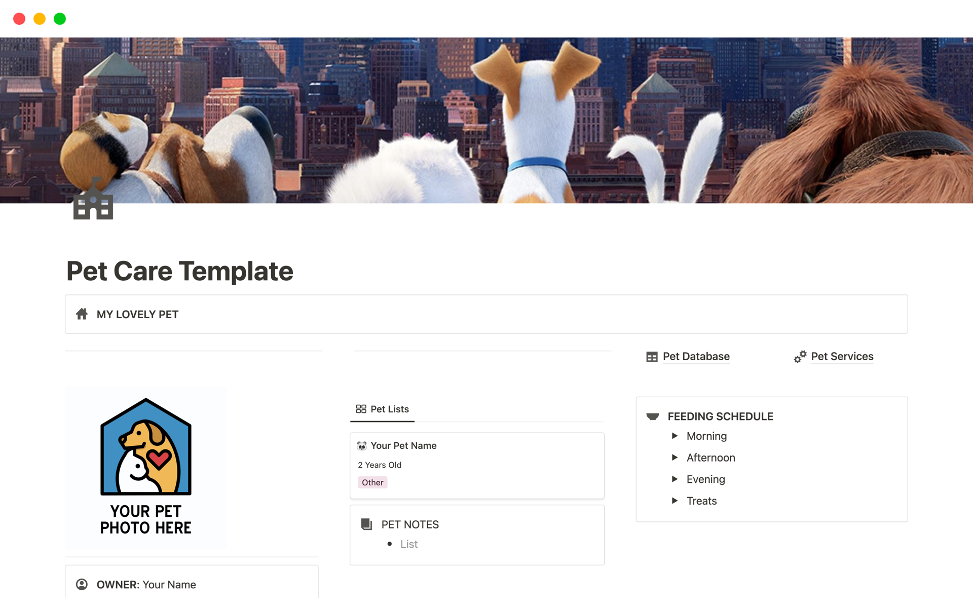 A template preview for Notion Pet Care