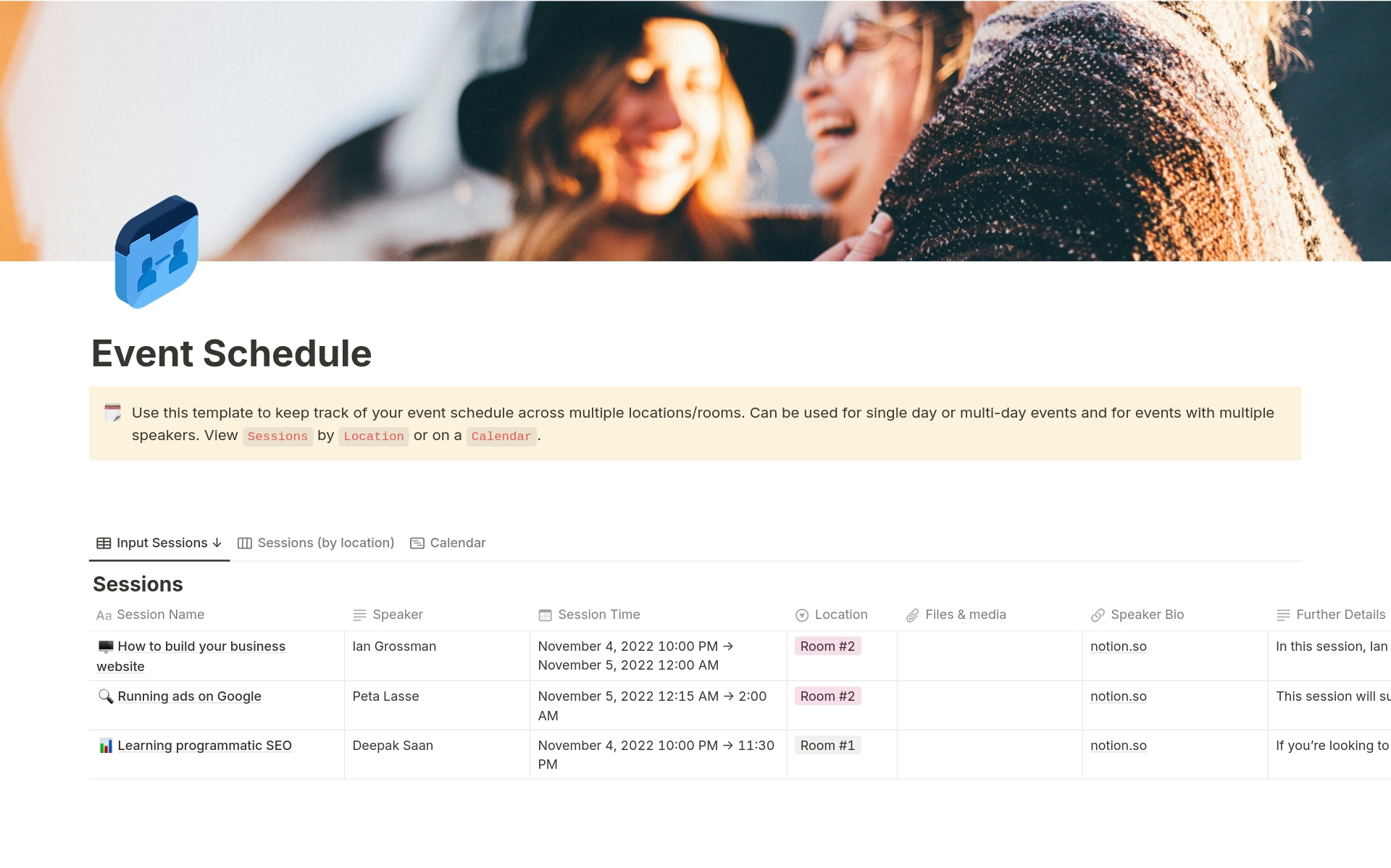 Use this template to keep track of your event schedule across multiple locations/rooms.