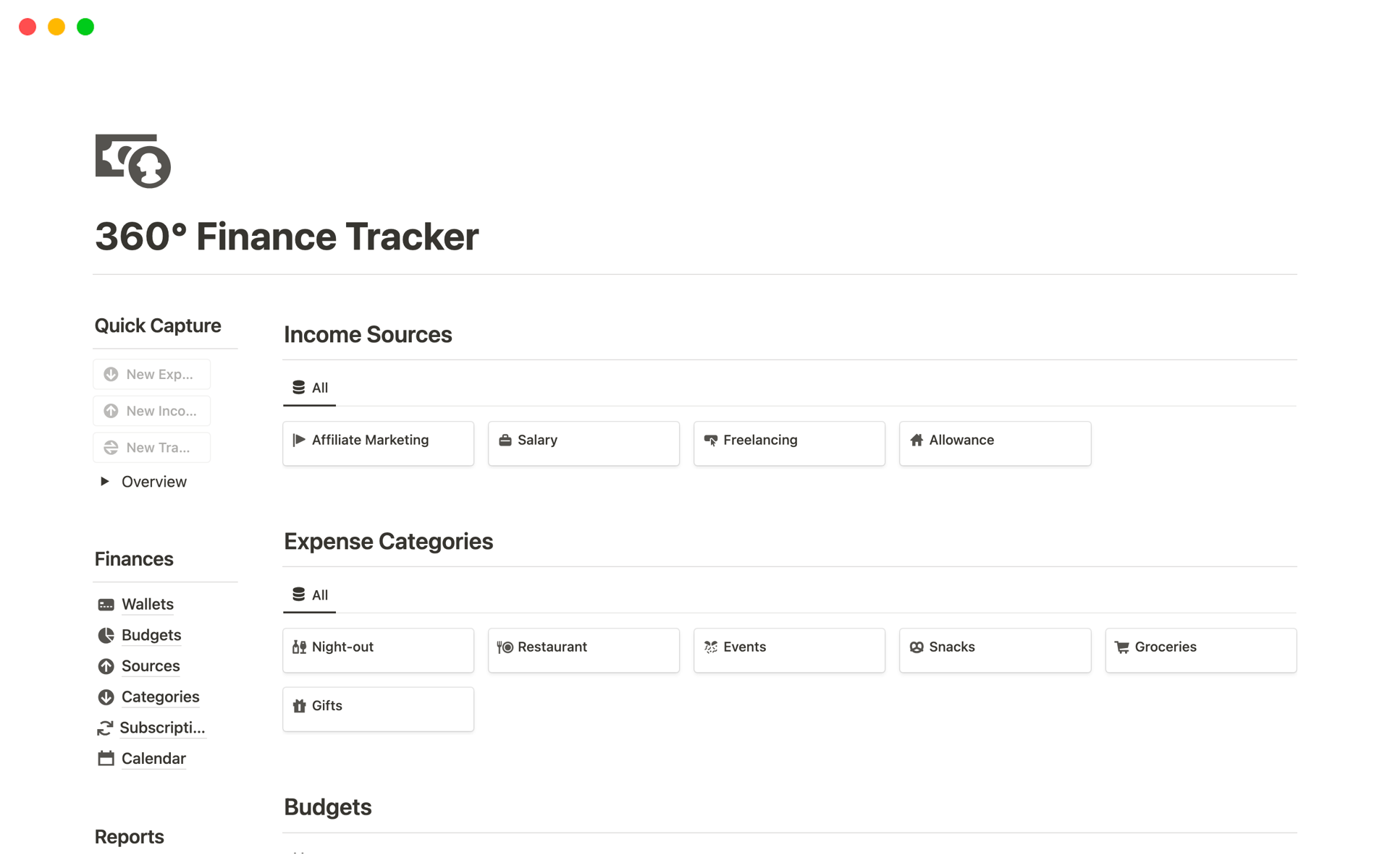 Vista previa de una plantilla para 360° Finance Tracker