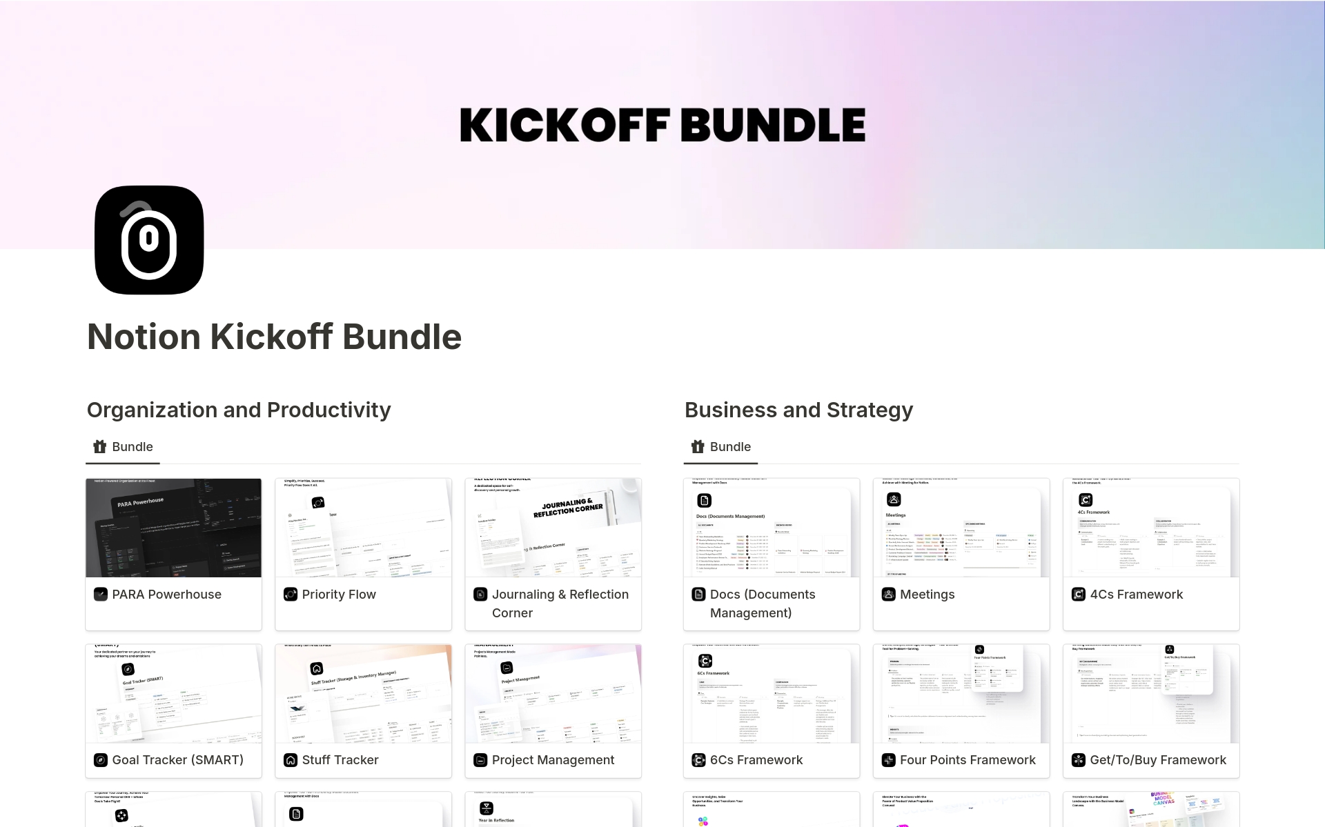 Boost productivity with the FREE Notion Kickoff Bundle, including 25 ready-to-use templates with monthly additions. Download now!
