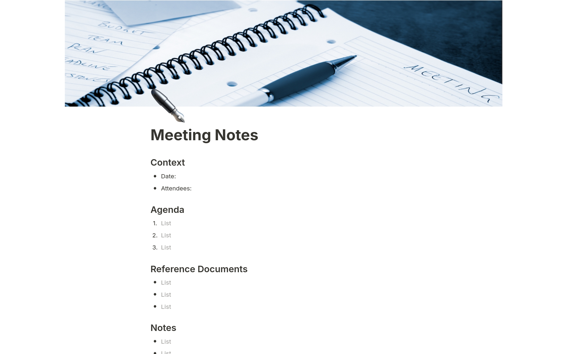 A template preview for Simple Meeting Notes