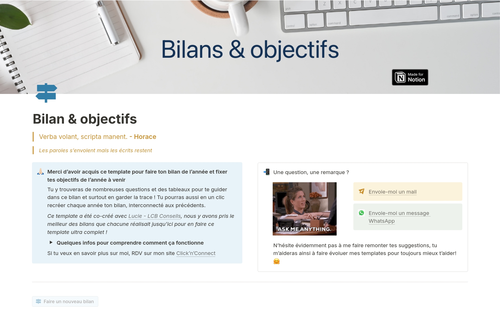 A template preview for Bilan & objectifs