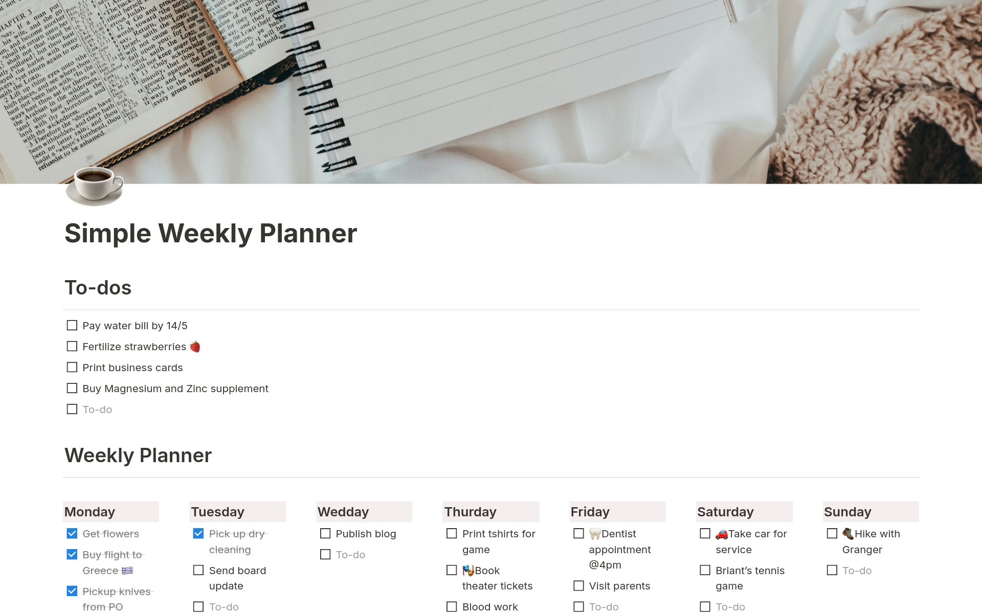A template preview for Simple weekly planner