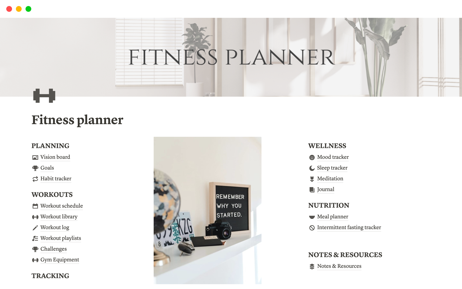 A template preview for Fitness planner