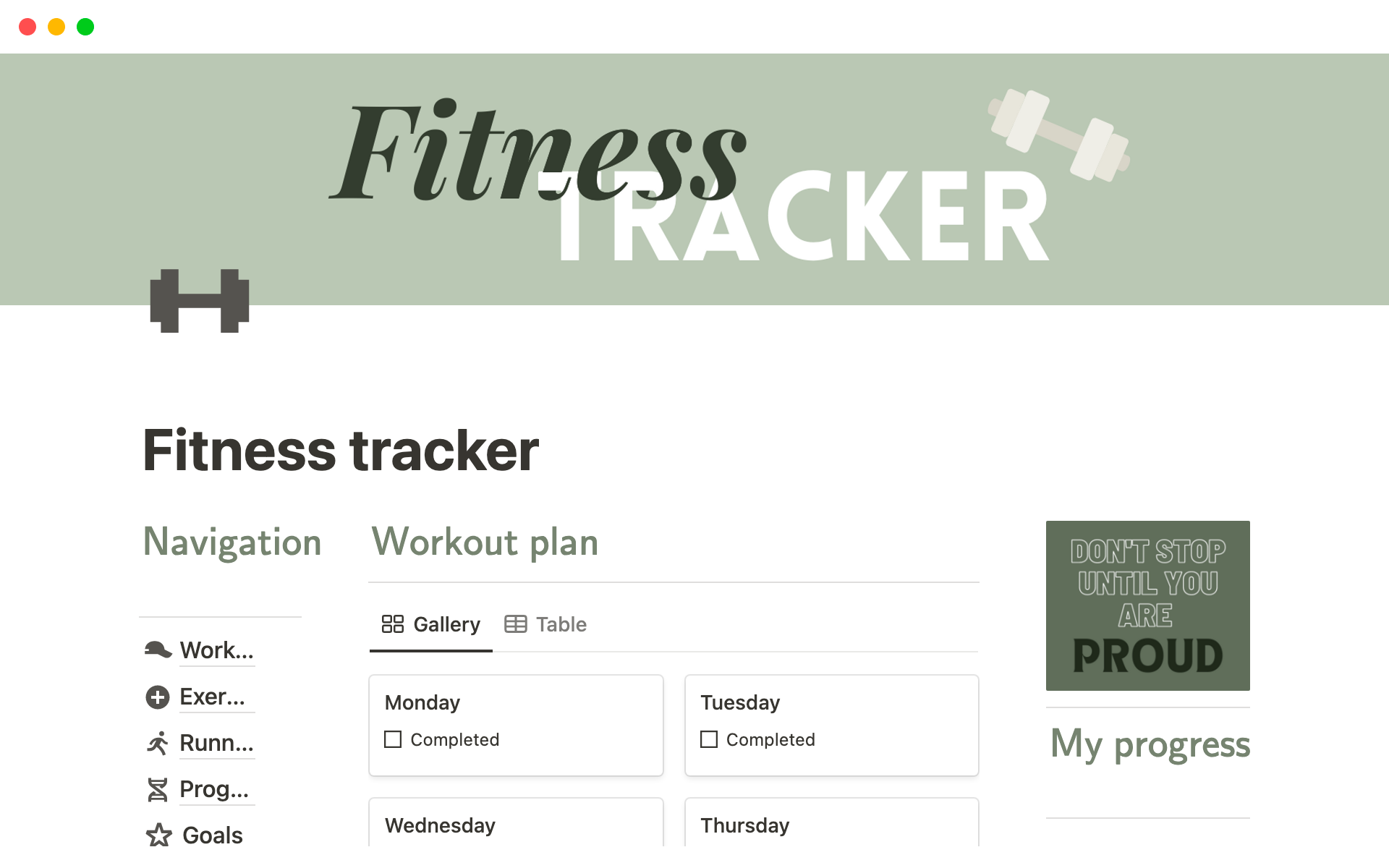Fitness tracker Notion Template