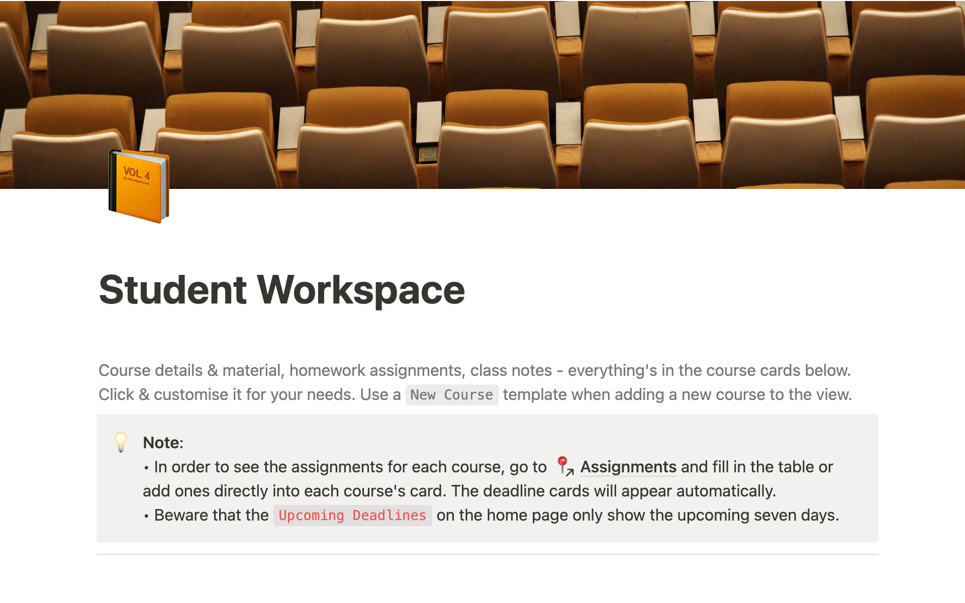 A template preview for Student Workspace