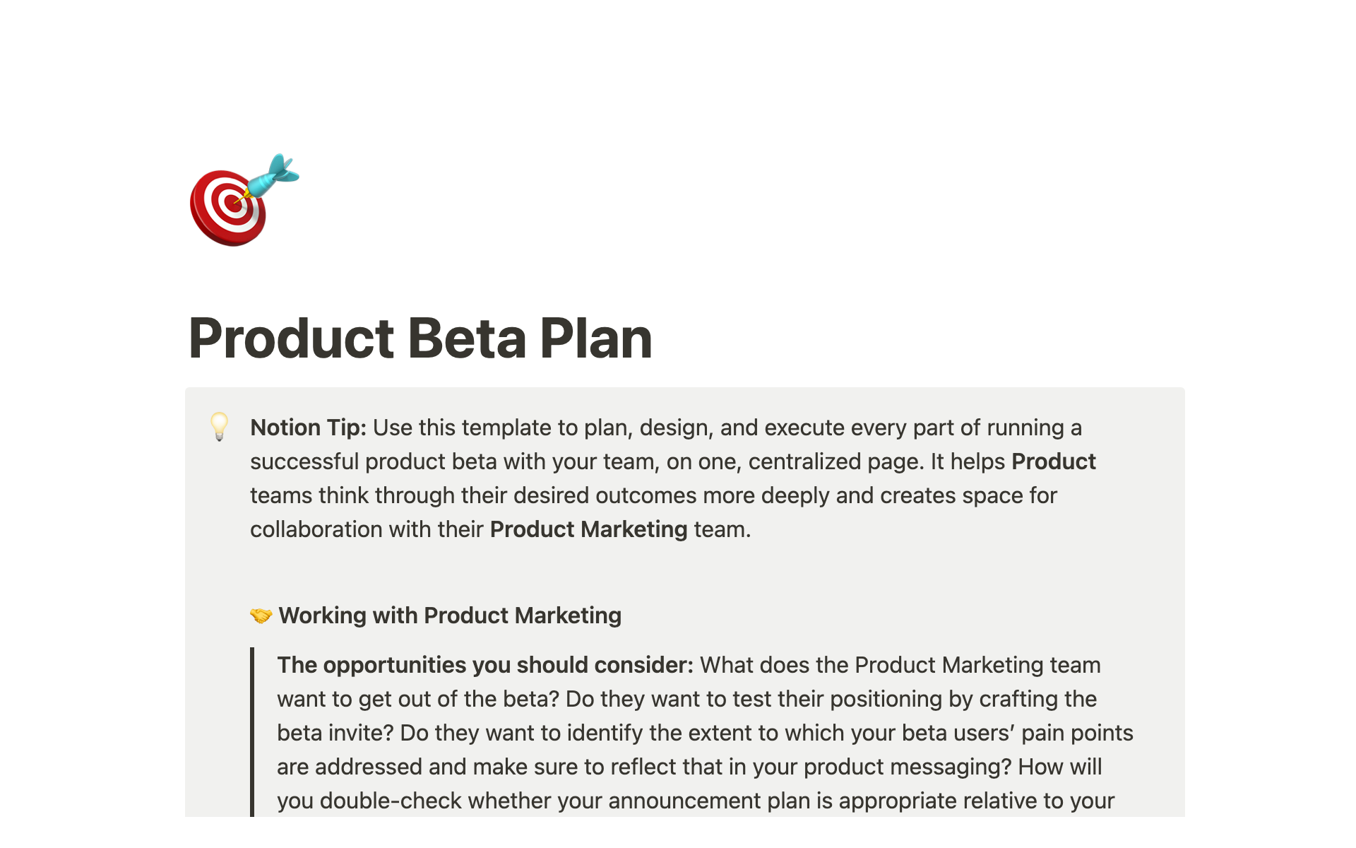Eine Vorlagenvorschau für Notion Product Beta Plan