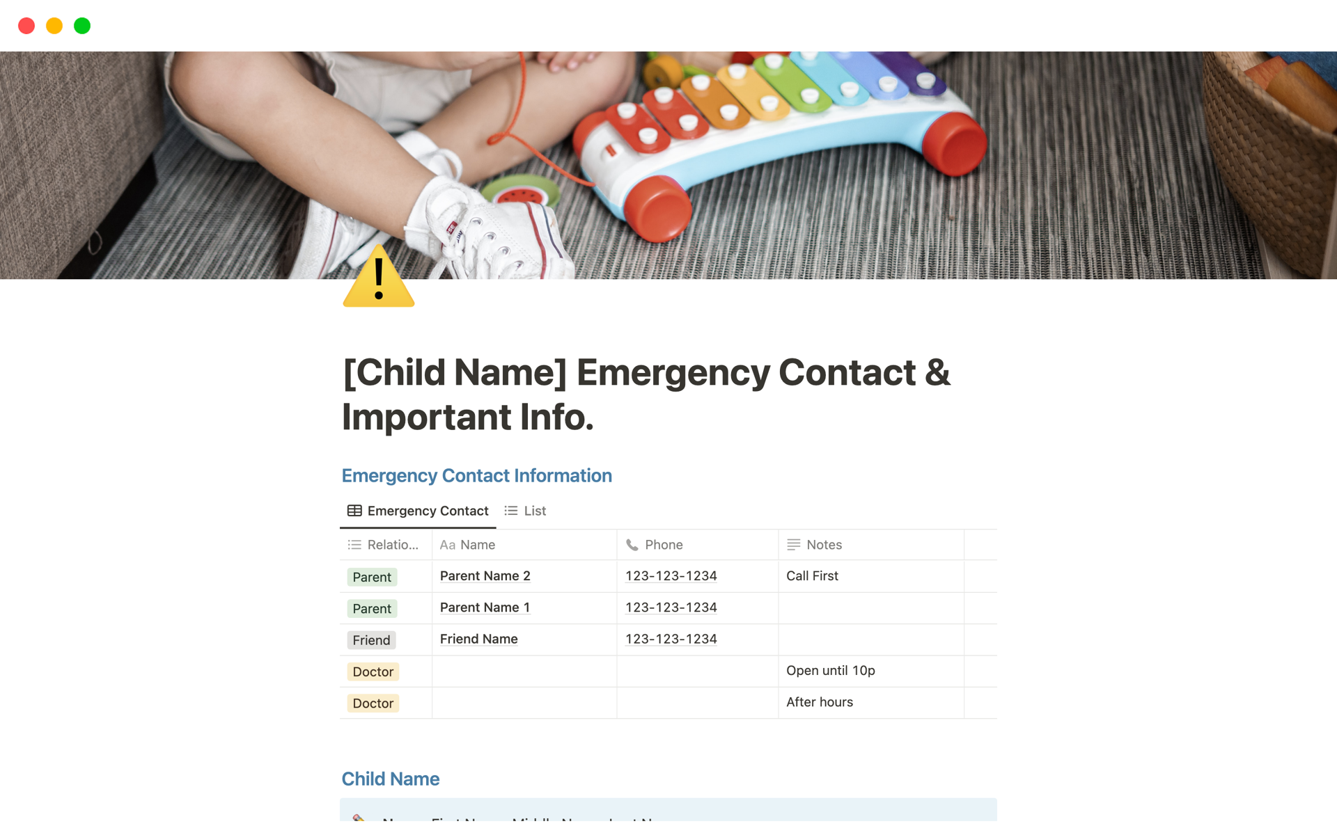 A template preview for [Child Name] Emergency Contact & Important Info