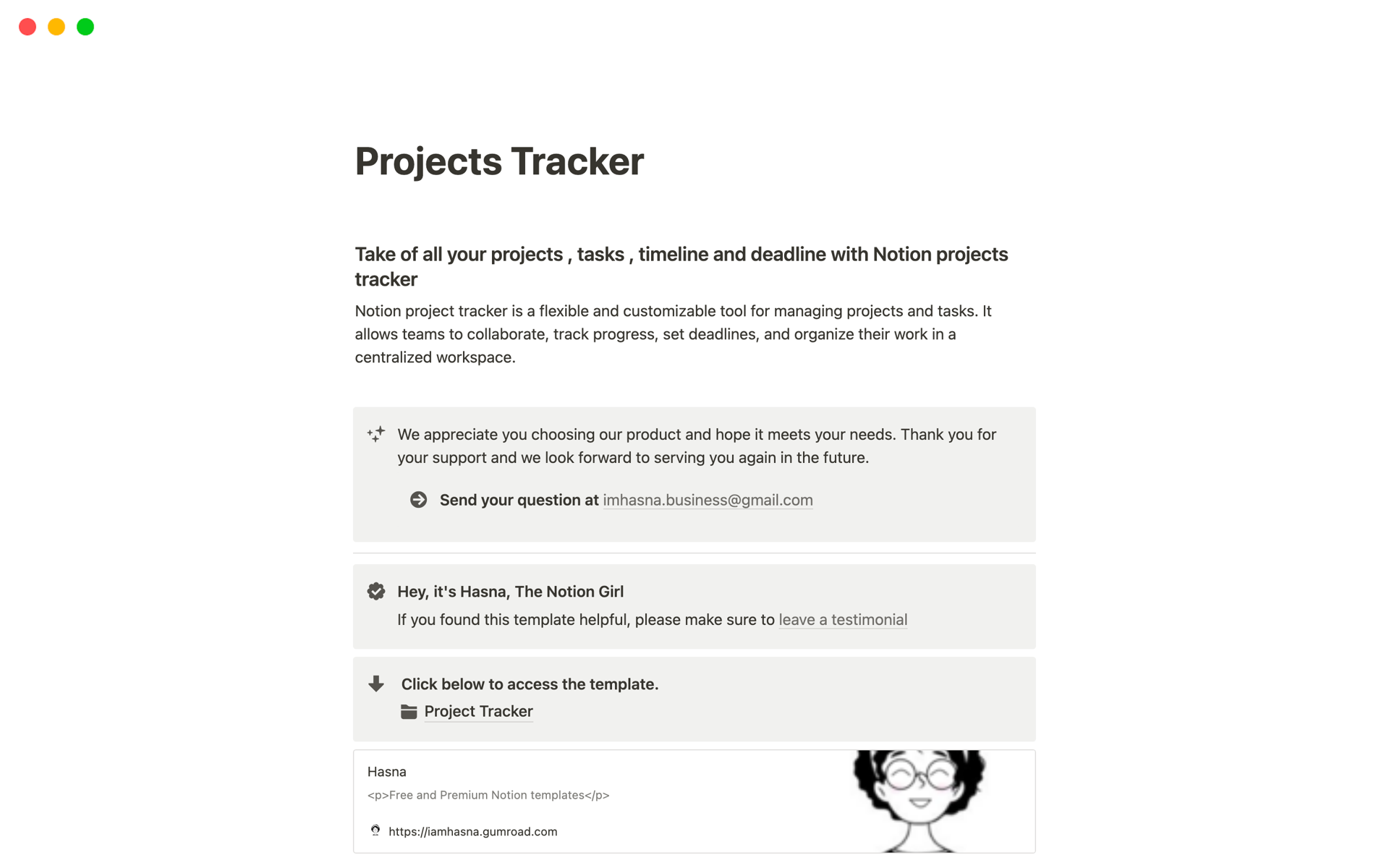 En forhåndsvisning av mal for Projects Tracker