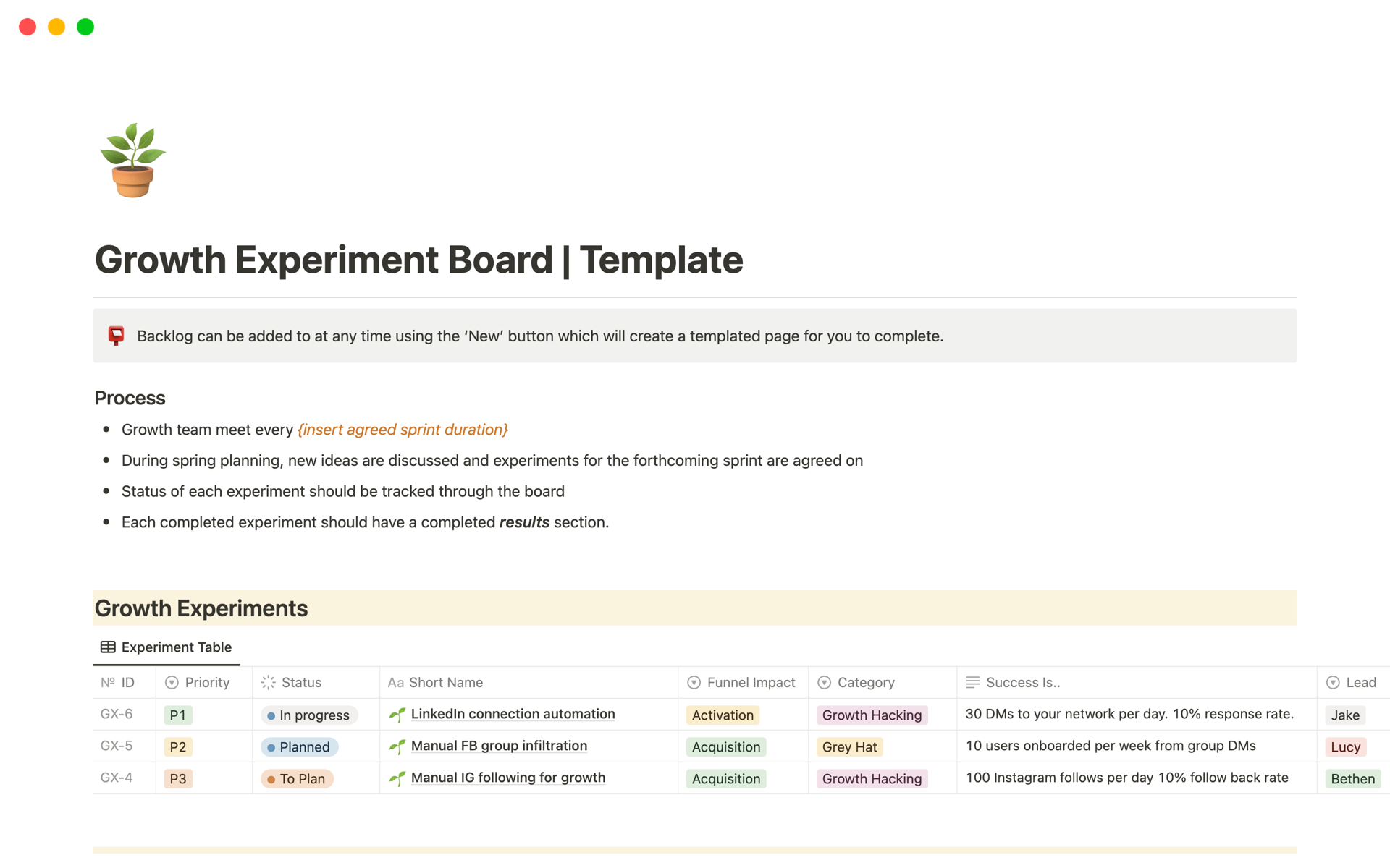 A board to help you collect, organise, execute and track the progress of growth and marketing experiments.