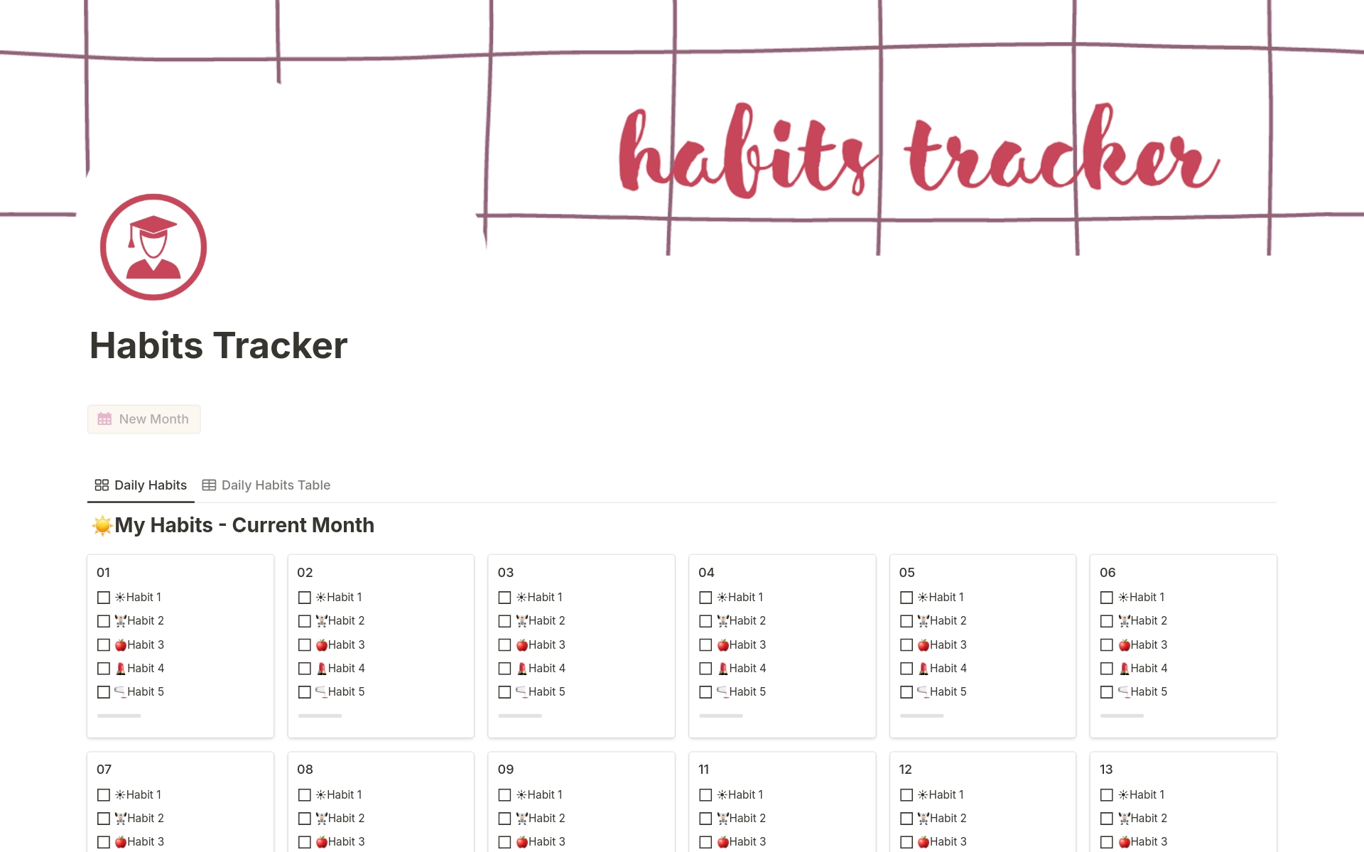 A template preview for Habits tracker