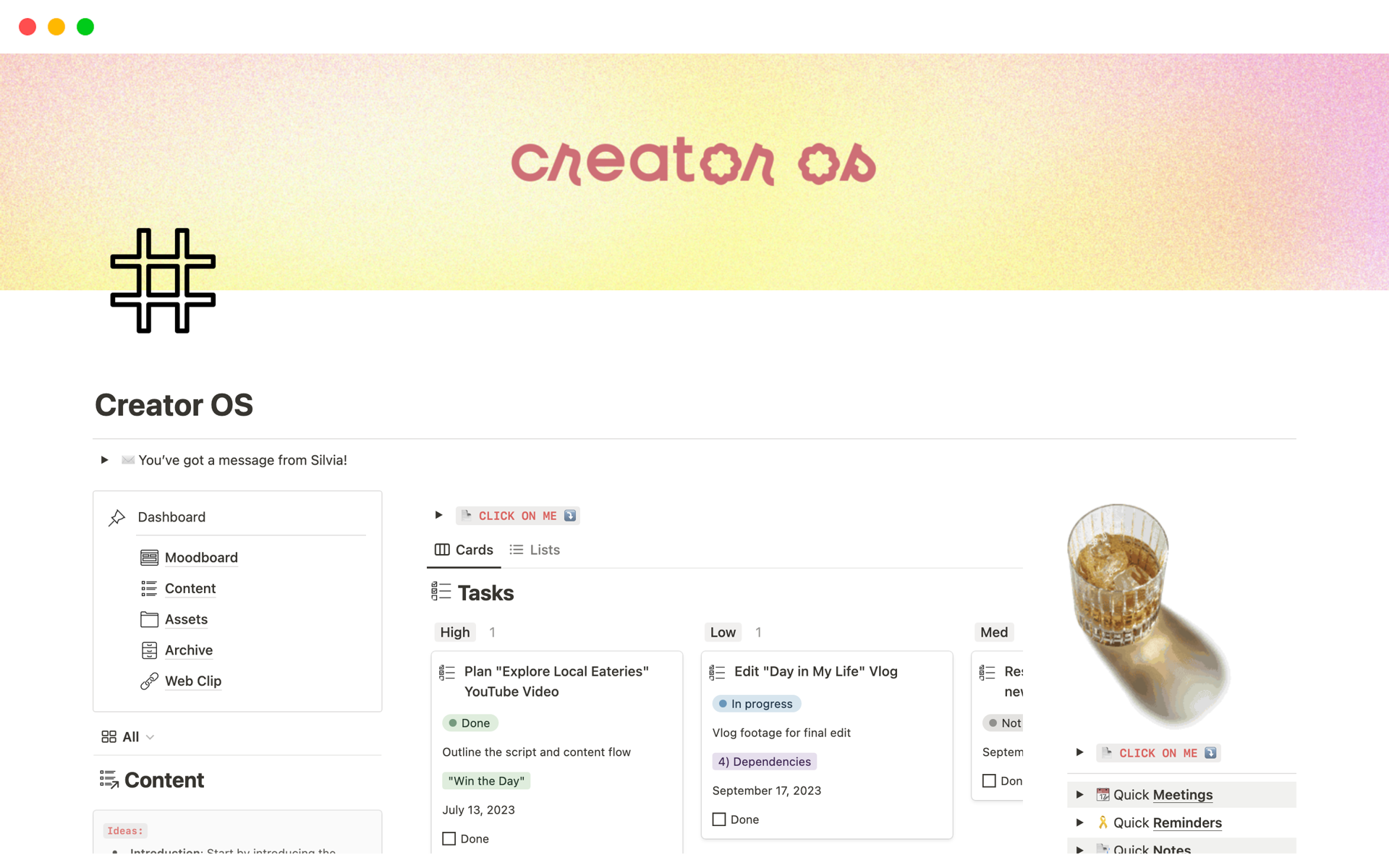 A template preview for Creator OS - Notion Content Planner