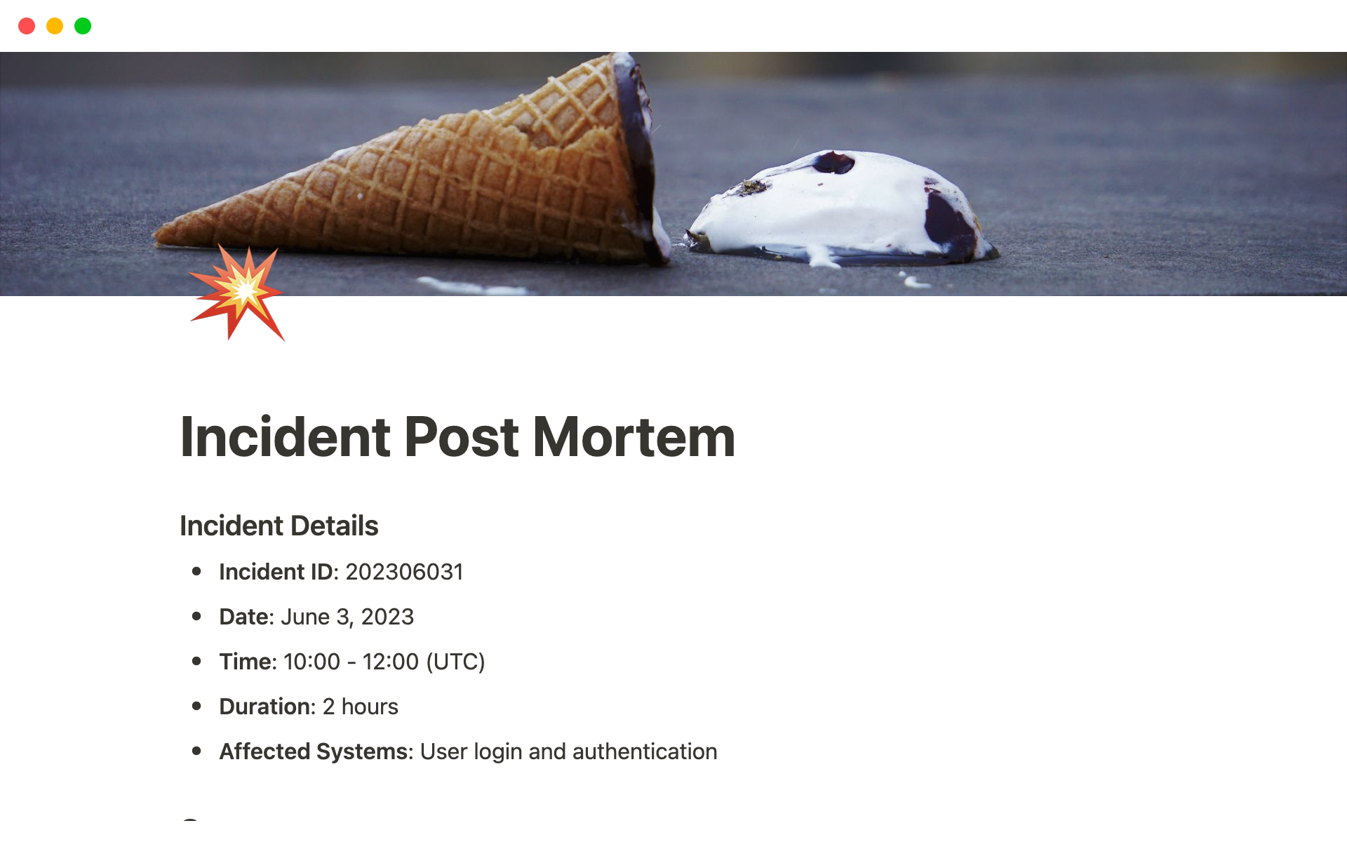 Navigate and learn from tech incidents effectively with our comprehensive Notion postmortem template, complete with a detailed AI-generated example to guide you through the process.