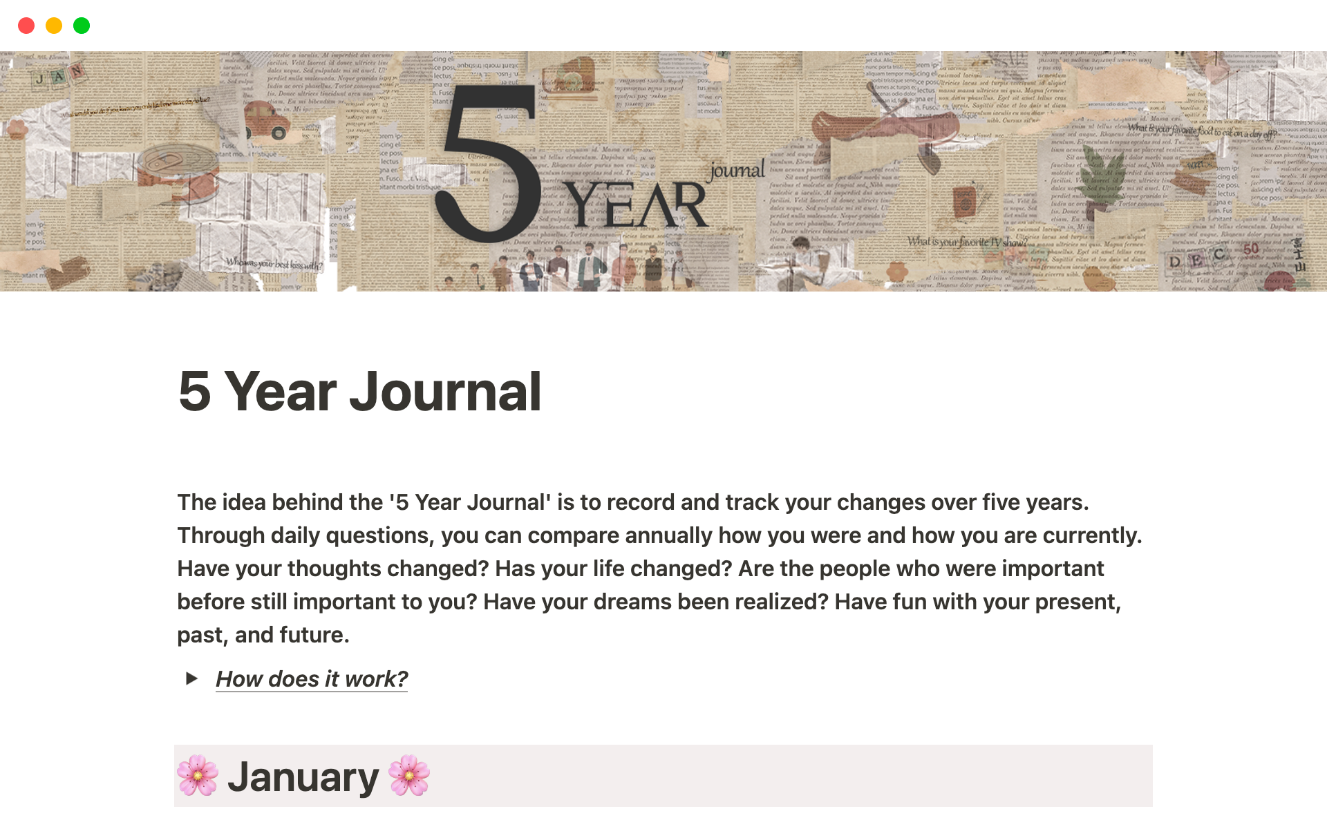 Vista previa de una plantilla para 5 Year Journal