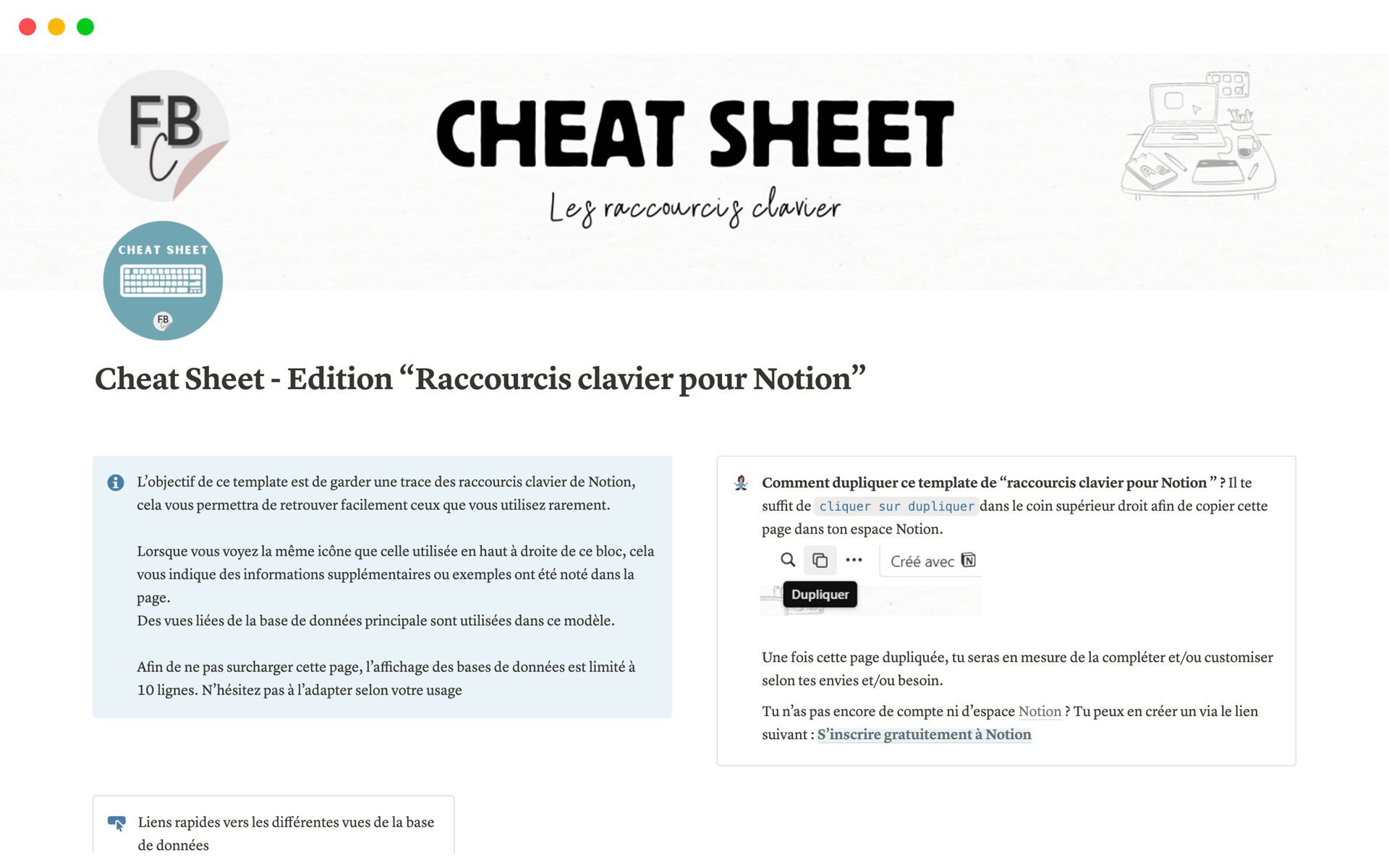 A template preview for Les raccourcis clavier pour Notion
