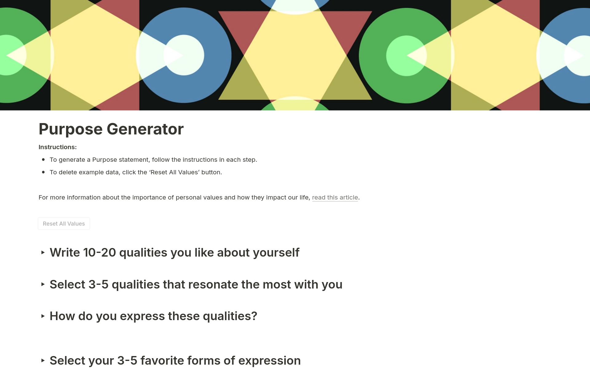 A template preview for Life Purpose Generator
