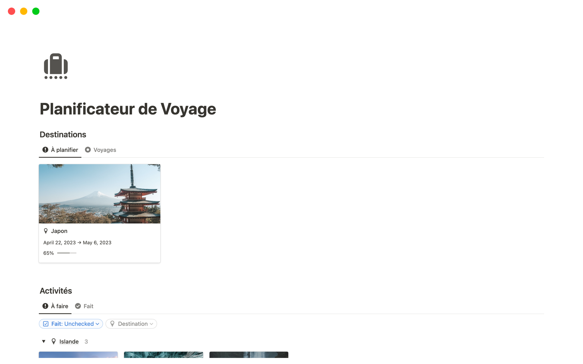 A template preview for Planificateur de Voyage