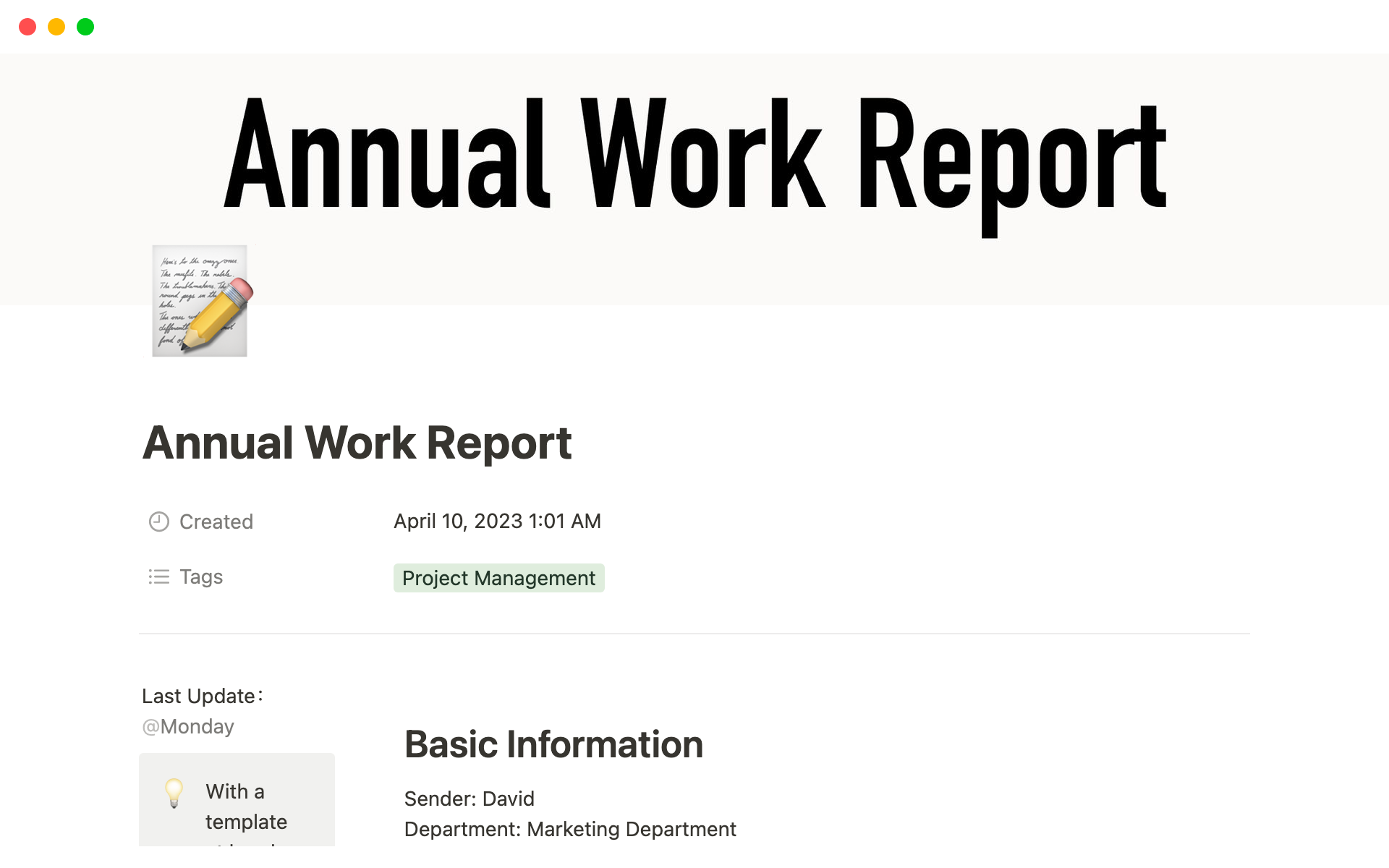 En förhandsgranskning av mallen för Annual Work Report