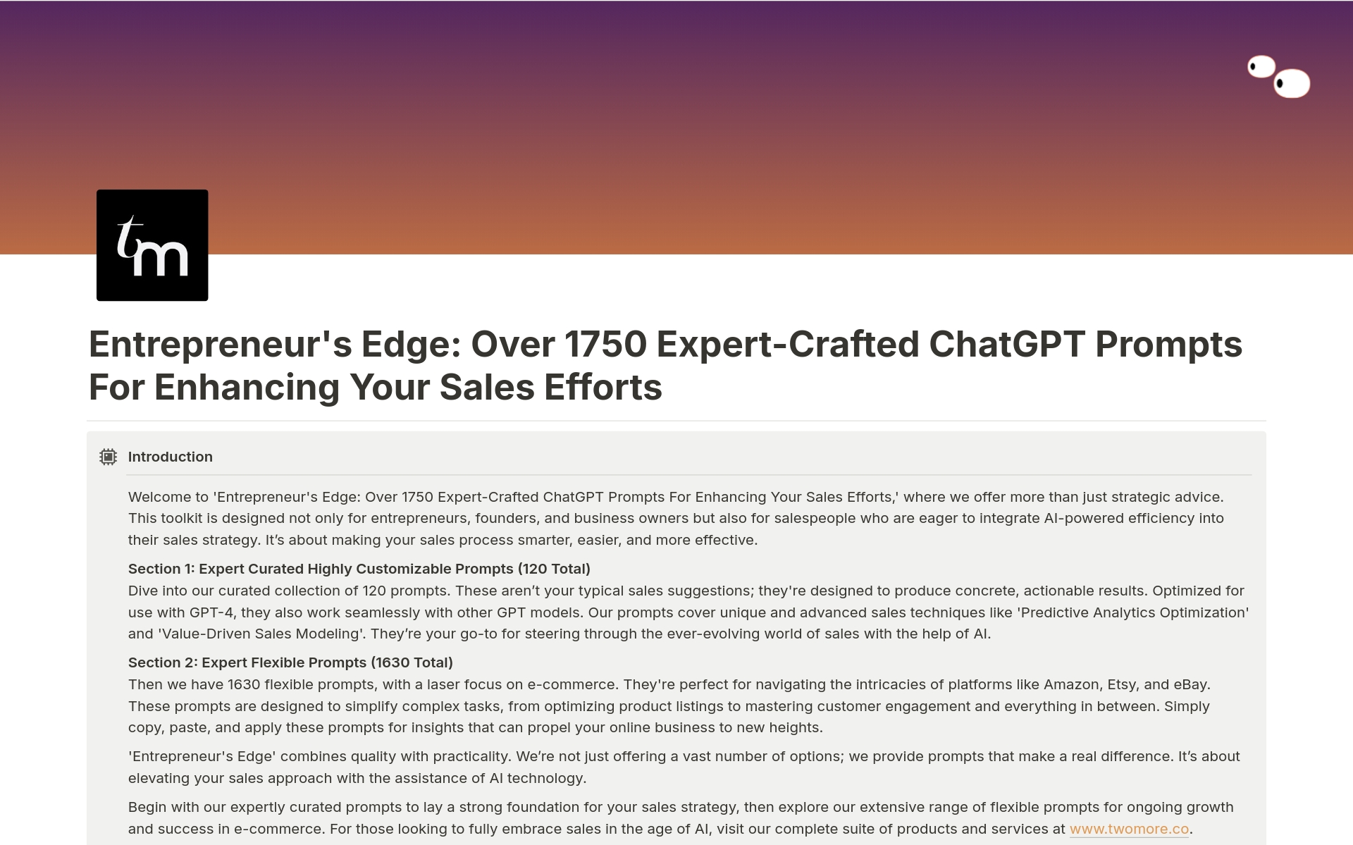 Entrepreneur's Edge - Sales Edition is an essential Notion document that supercharges your sales efforts using ChatGPT technology. It equips entrepreneurs and business owners with over 1750 expert-crafted prompts to develop sales strategies and drive growth.