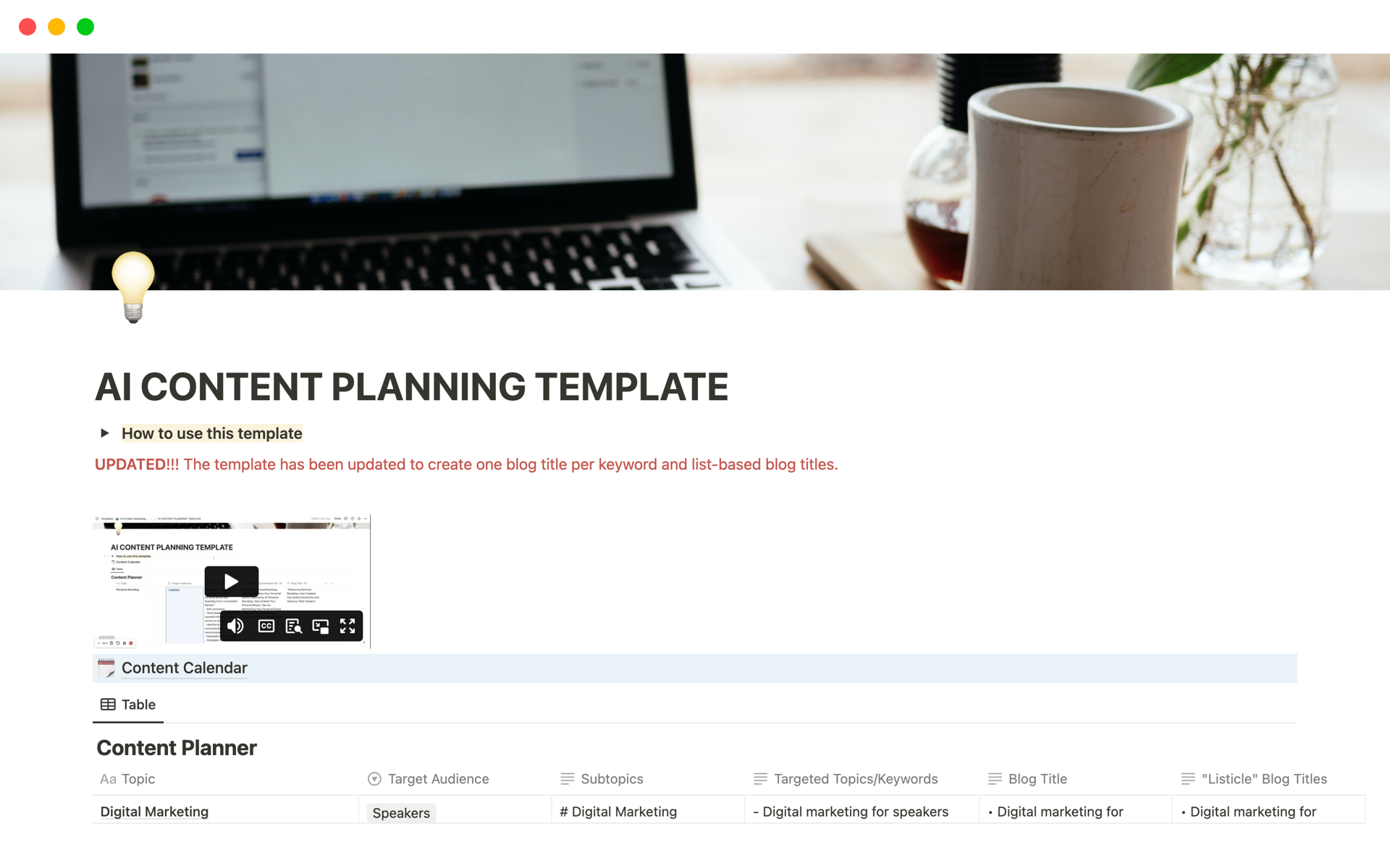 A template preview for AI CONTENT PLANNING TEMPLATE