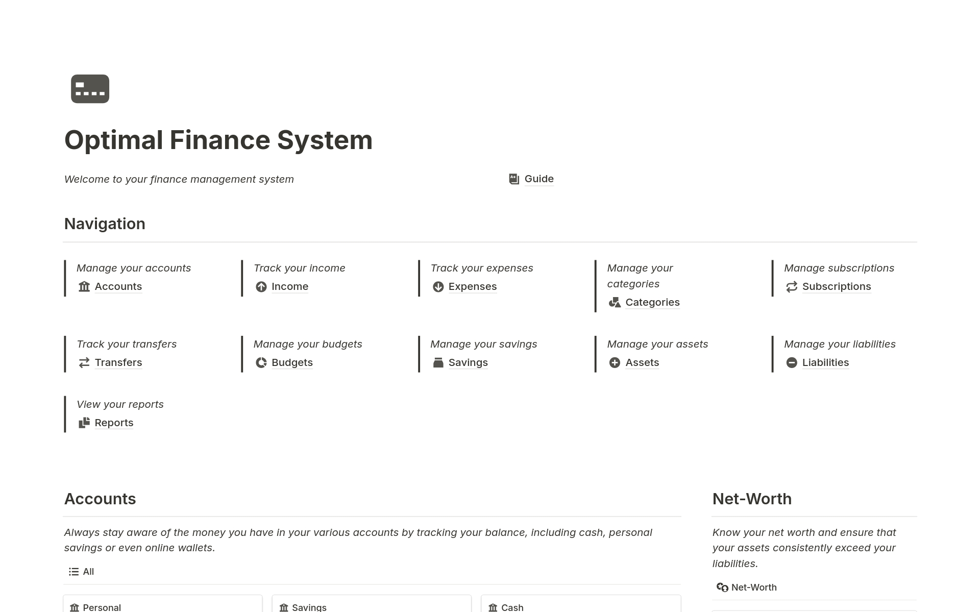 A template preview for Finance System