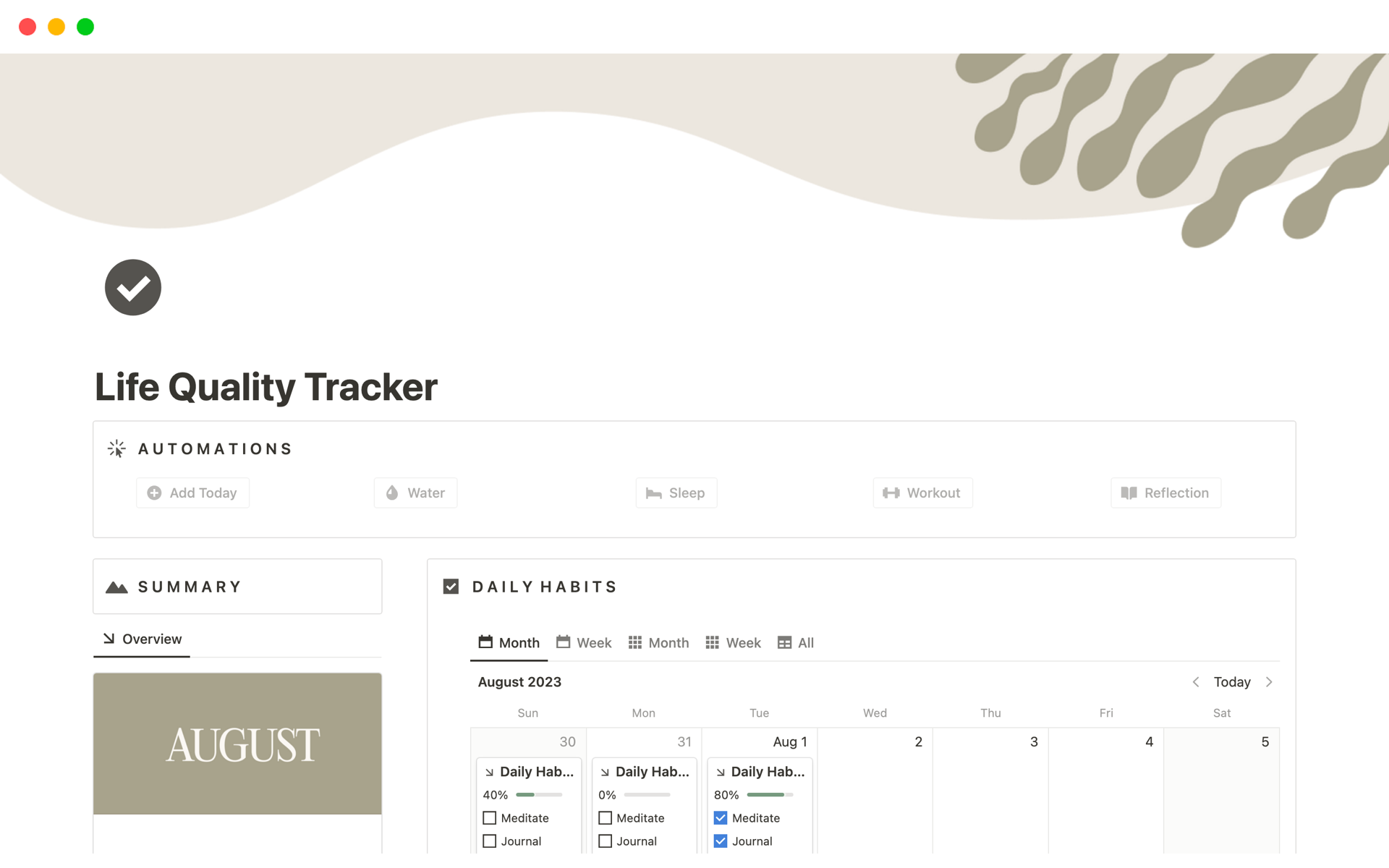 A template preview for Life Quality Tracker