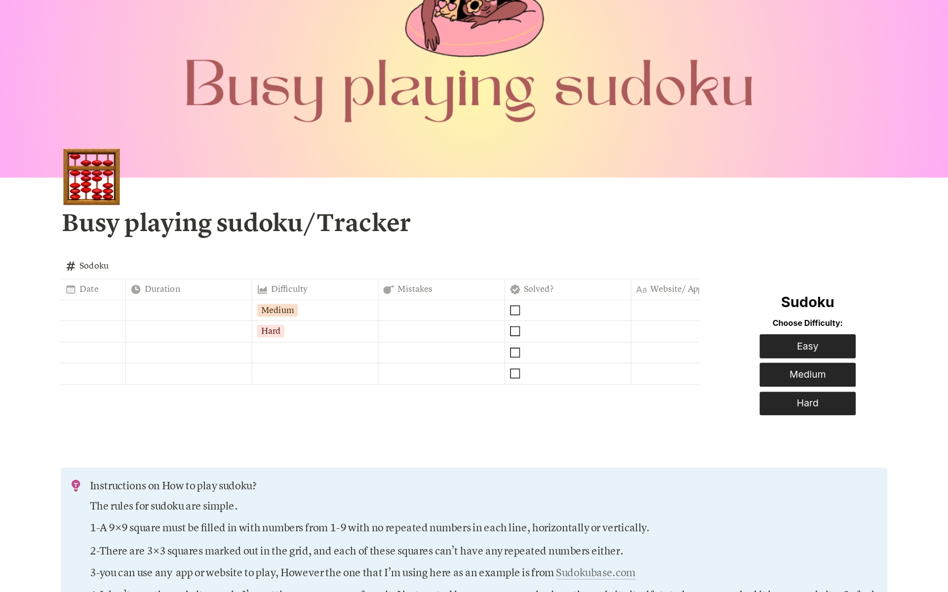 A template preview for Busy playing sudoku| sudoku tracker