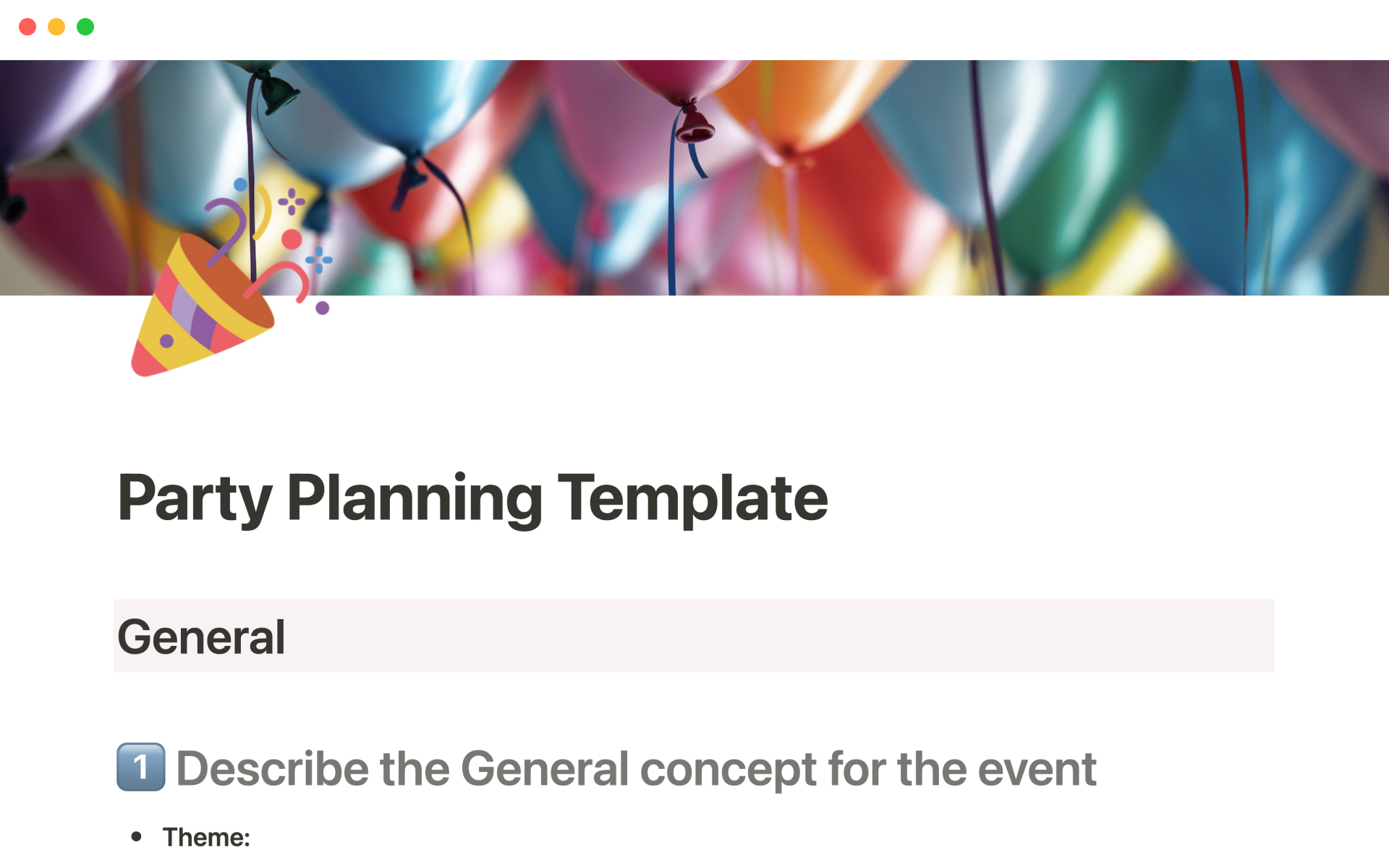 A template preview for Party planning