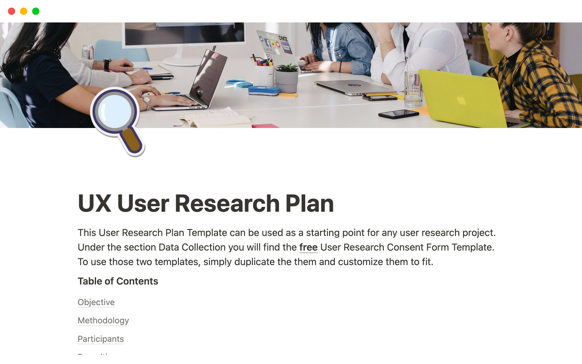A template preview for UX User Research Plan