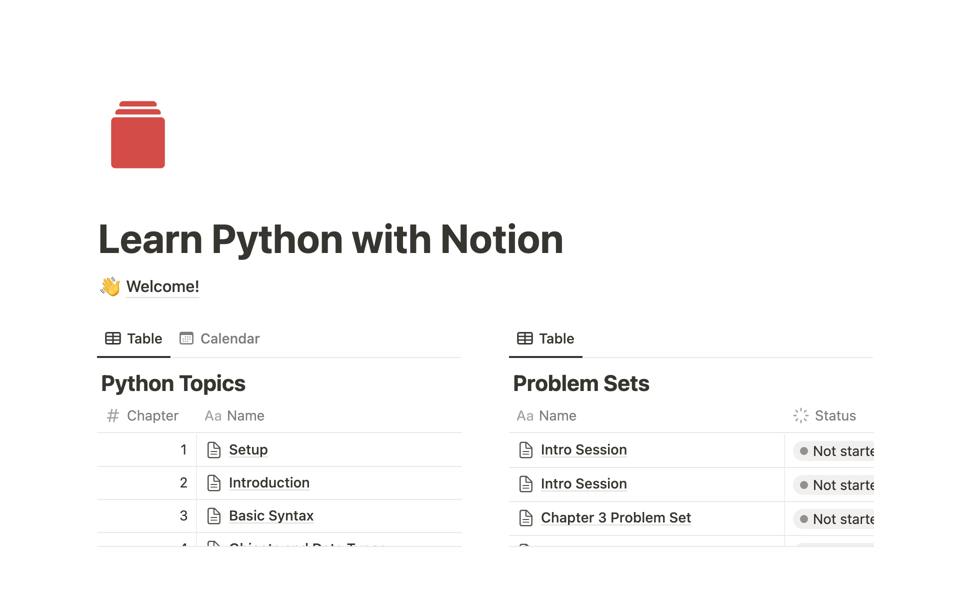 A template preview for Learn Python with Notion