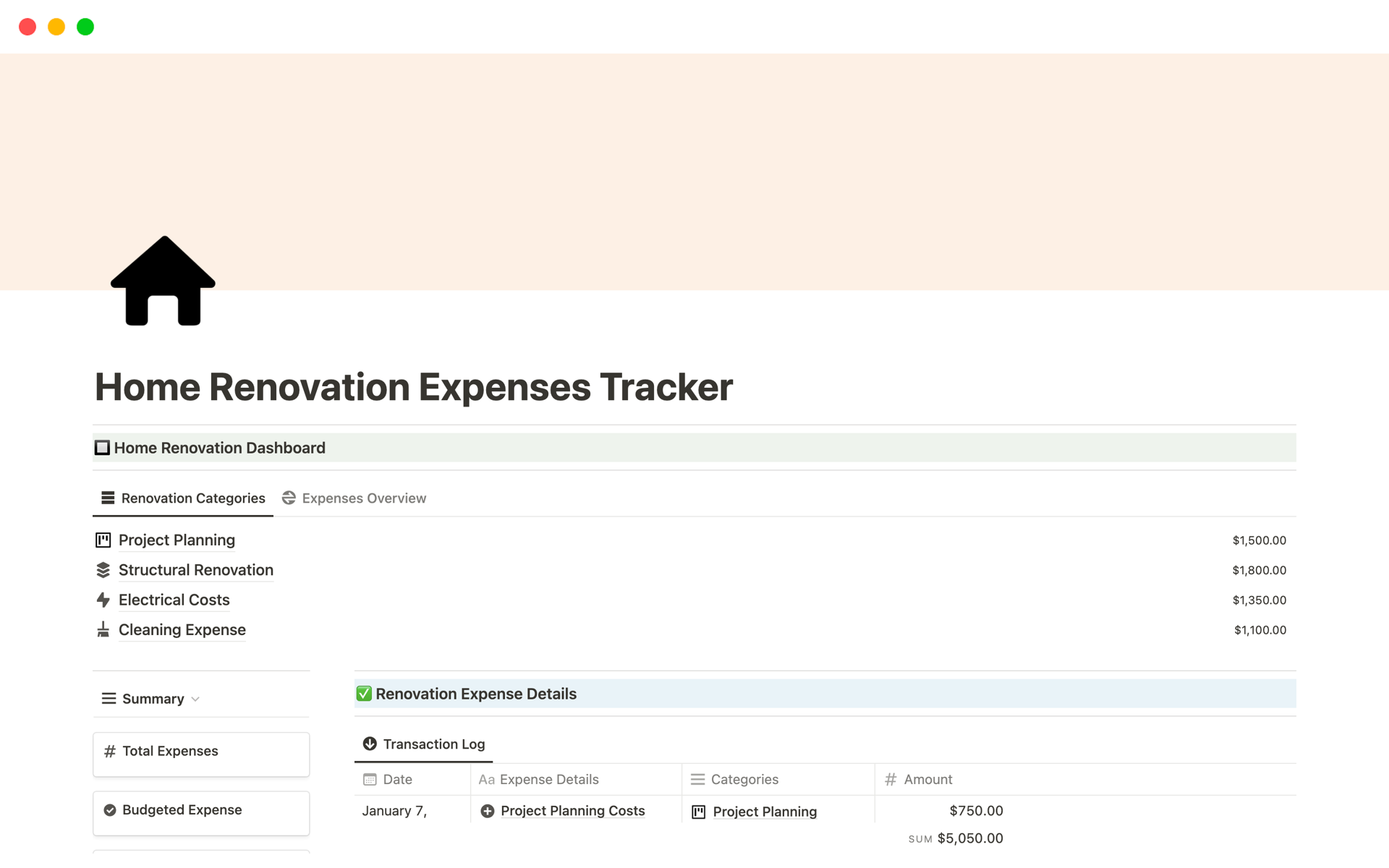 A template preview for Home Renovation Expenses Tracker