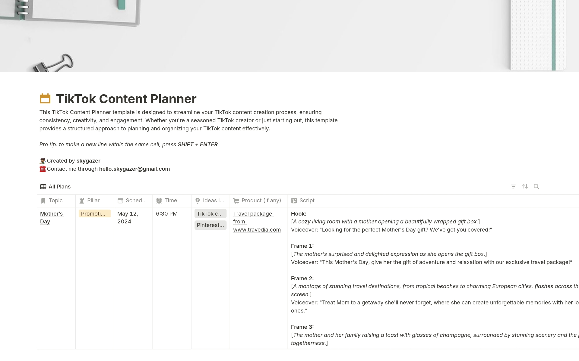 A template preview for TikTok Content Planner