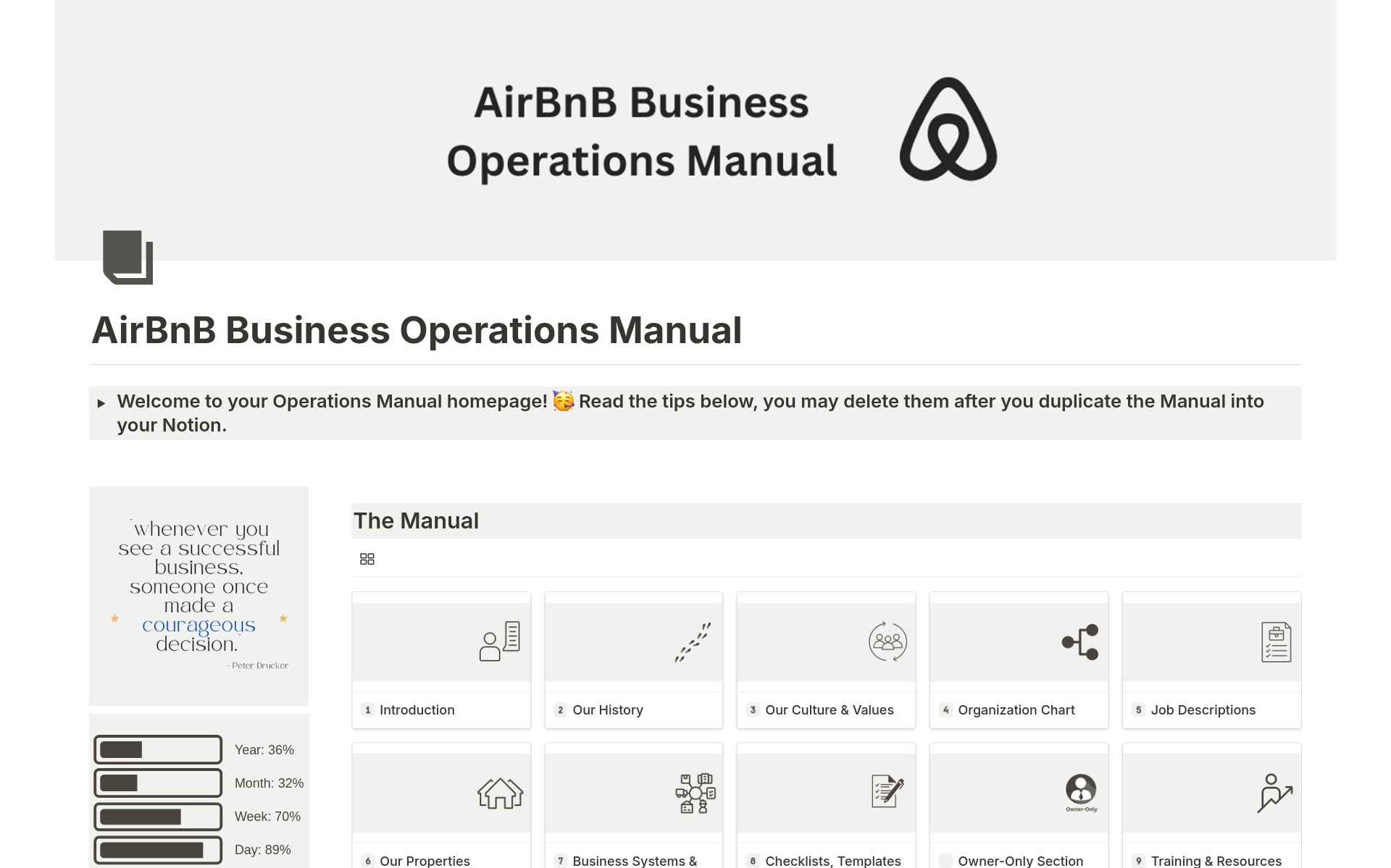 Ideal for any Airbnb business owner who wants to keep a clean, organized, and easy-to-navigate single source of knowledge for their business and team. Pre-built with 60+ sections of standard and best practices in Airbnb operations,