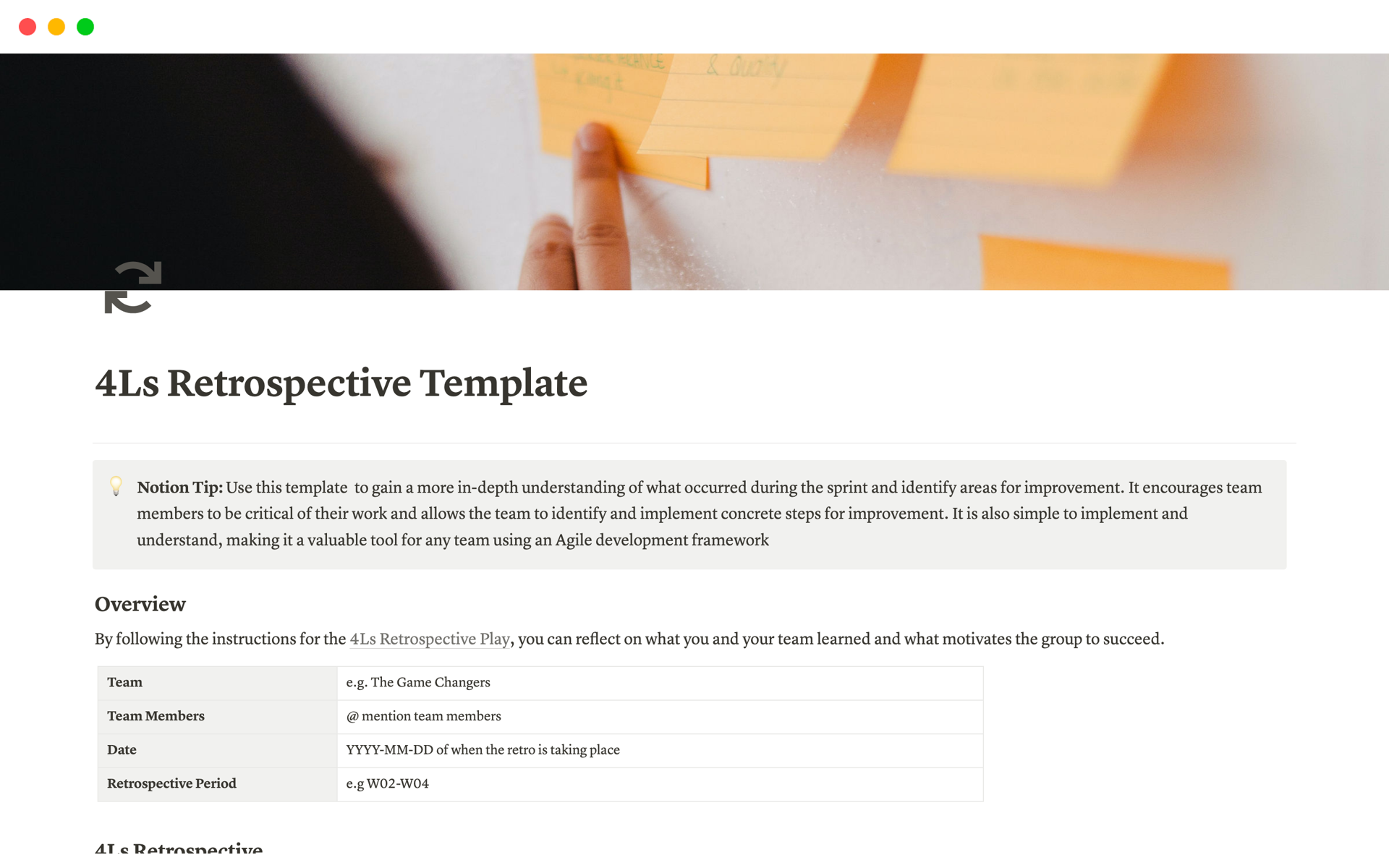 A template preview for 4Ls Retrospective Template