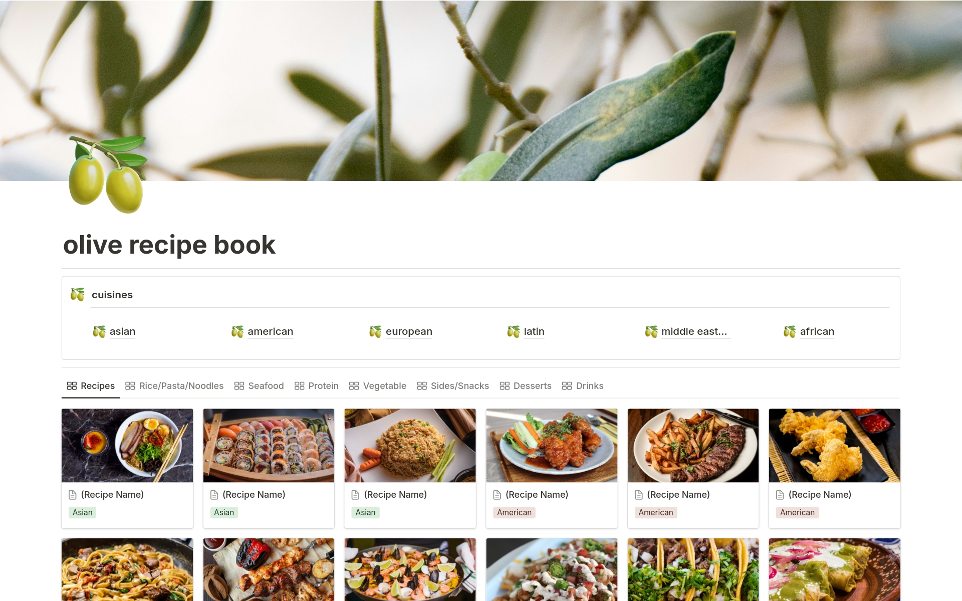 A template preview for Olive Recipe Book