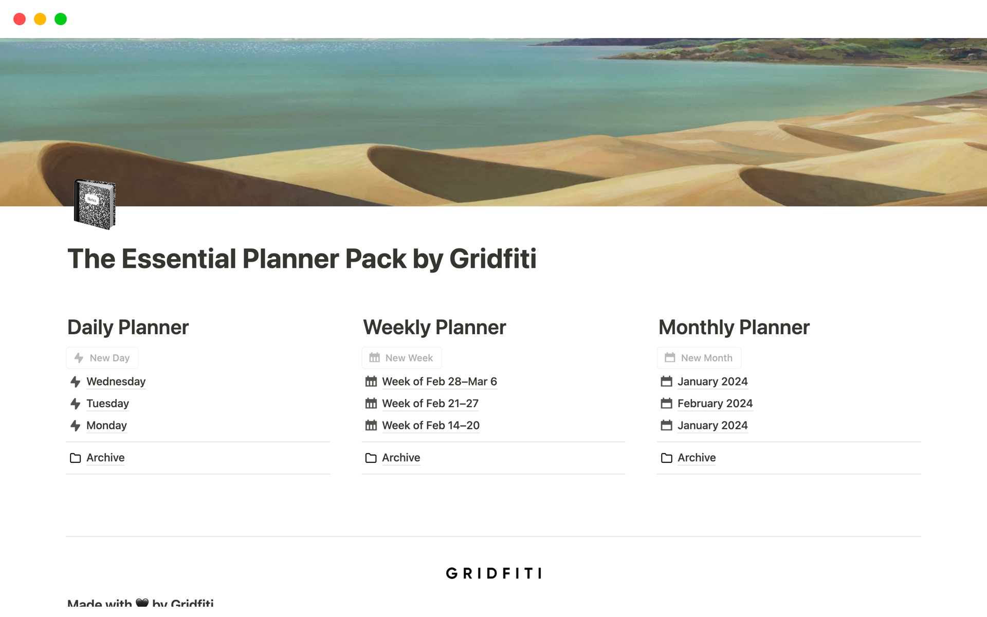 A template preview for The Essential Planner Pack by Gridfiti