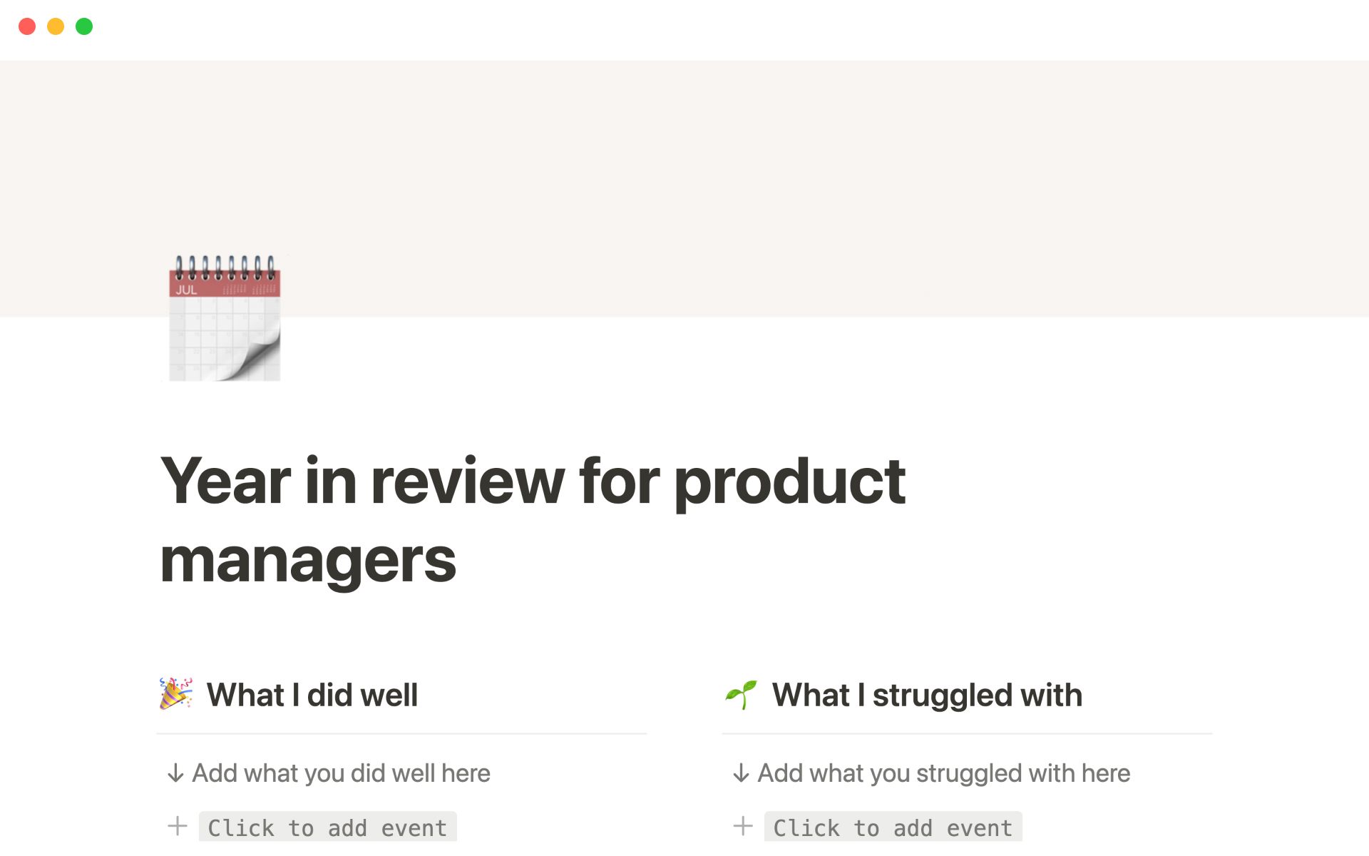 A template preview for Year in review for product managers