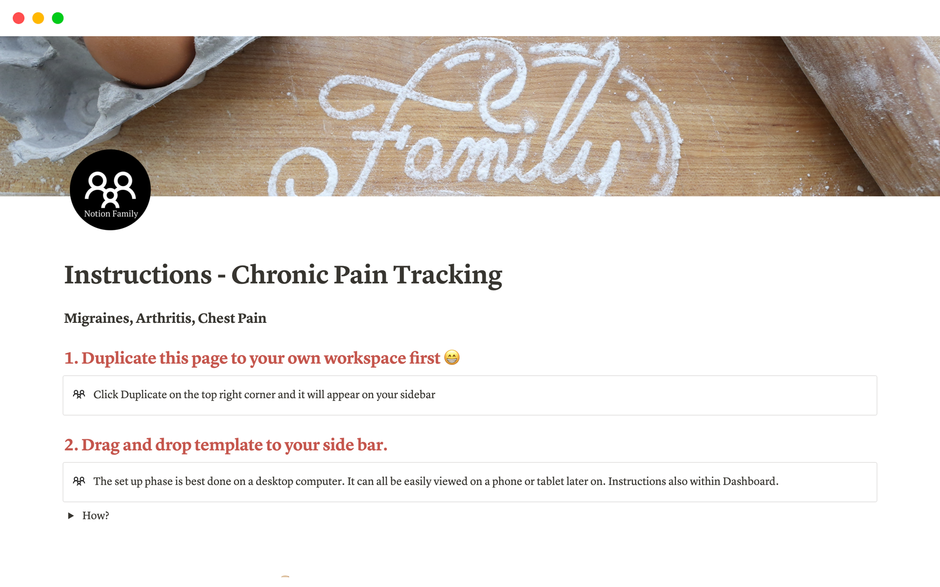 A template preview for Chronic Pain Tracking