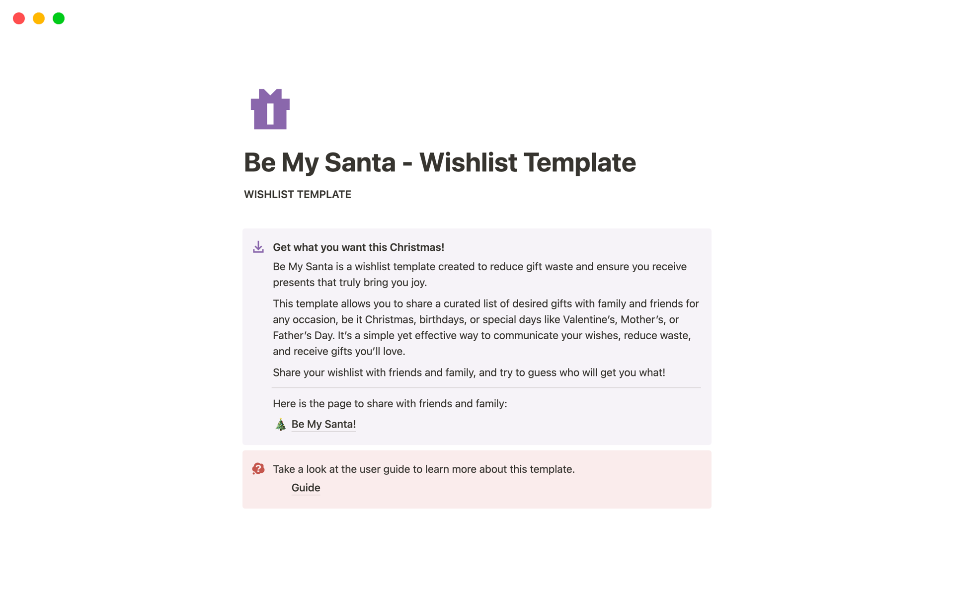 Be My Santa is a wishlist template created to reduce gift waste and ensure you receive presents that truly bring you joy. 