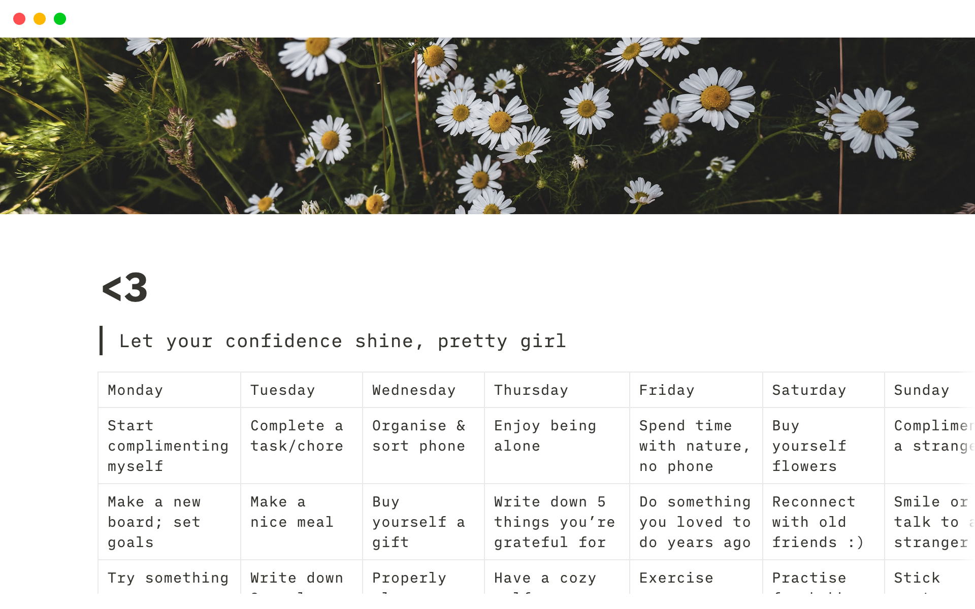 A template preview for Aesthetic 30-day self-confidence plan