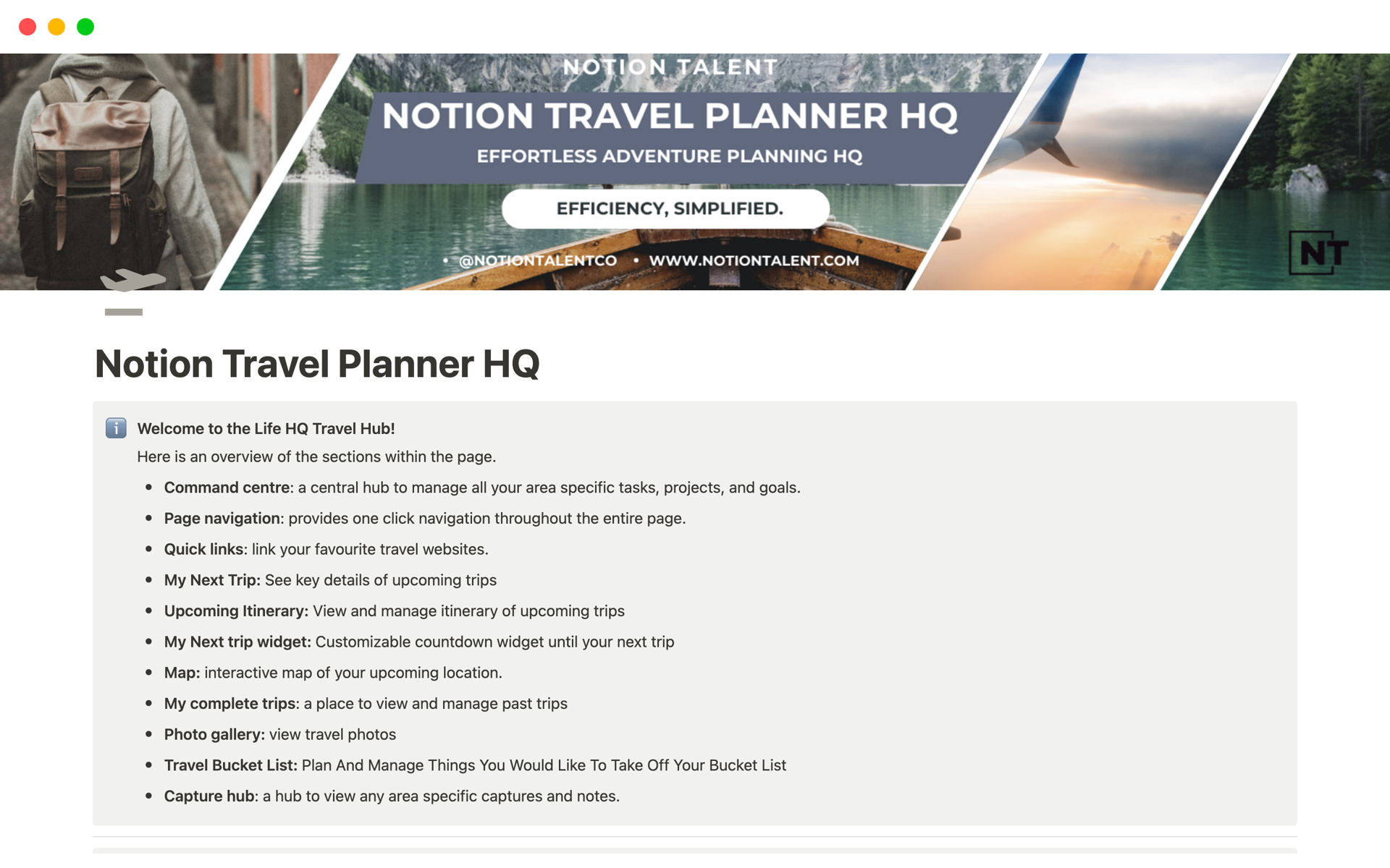 A template preview for Travel Planner OS