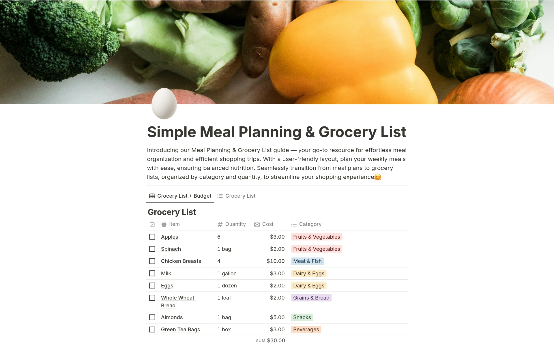 Vista previa de una plantilla para Simple Meal Planning & Grocery List 